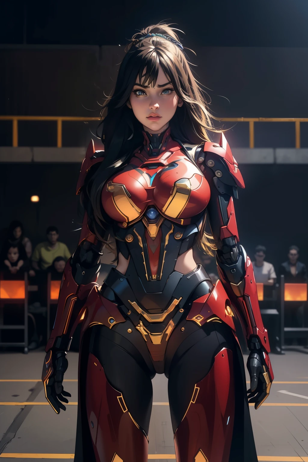 ((masterpiece, best quality)),illustration,ultra detailed 8k,(detailed face), photorealistic,sharp focus,highly detailed,professional lighting,colorful details,iridescent colors BREAK extreme long shot of a factory,large mechanical robot construction,microchip,computer,glowing,intricate details,shitu-mecha,1girl is standing back turned in front of the audience,Navel