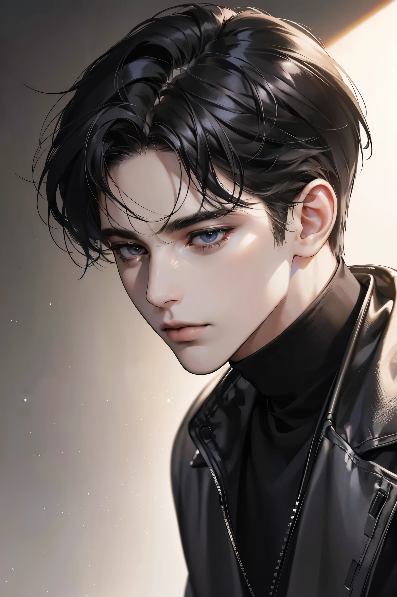 (best quality digital art digital illustration 4k high resolution beautiful image hyper-detailed image perfect lines soft lighting night environment soft zoom perfect face) (1:1 photorealistic) (neutral colors hdr 1.4) an adult 25 year old man (expressionless black eyes) hair medium black modern clothes dystopia,default black background