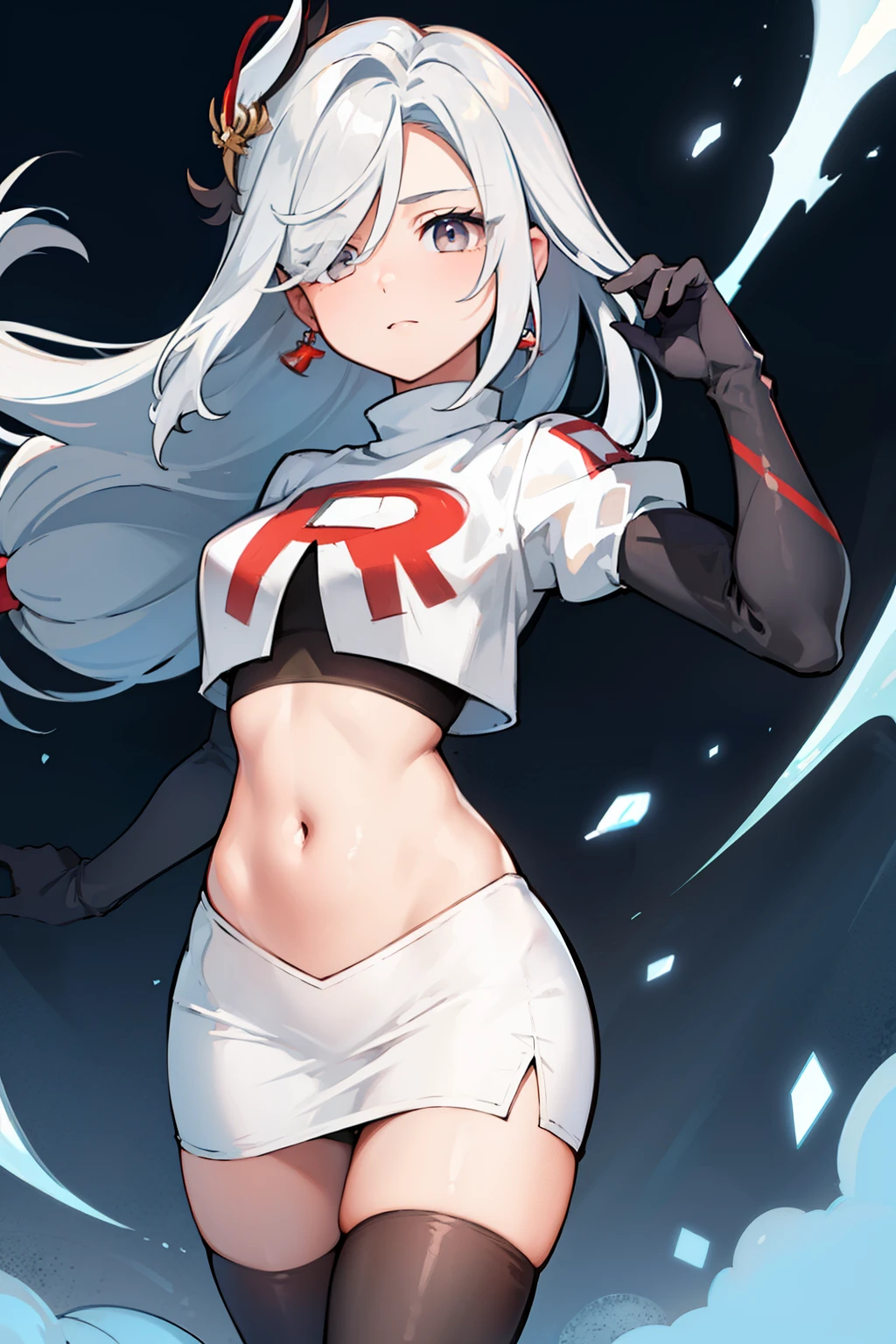 masterpiece, best quality, shenhe \(genshin impact\),hair over one eye, grey eyes, long hair, 1girl, solo, earrings, hair ornament, team rocket,team rocket uniform, red letter R, white skirt,white crop top,black thigh-highs,black elbow gloves