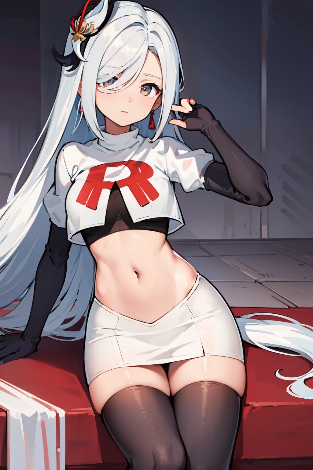 masterpiece, best quality, shenhe \(genshin impact\),hair over one eye, grey eyes, long hair, 1girl, solo, earrings, hair ornament, team rocket,team rocket uniform, red letter R, white skirt,white crop top,black thigh-highs,black elbow gloves
