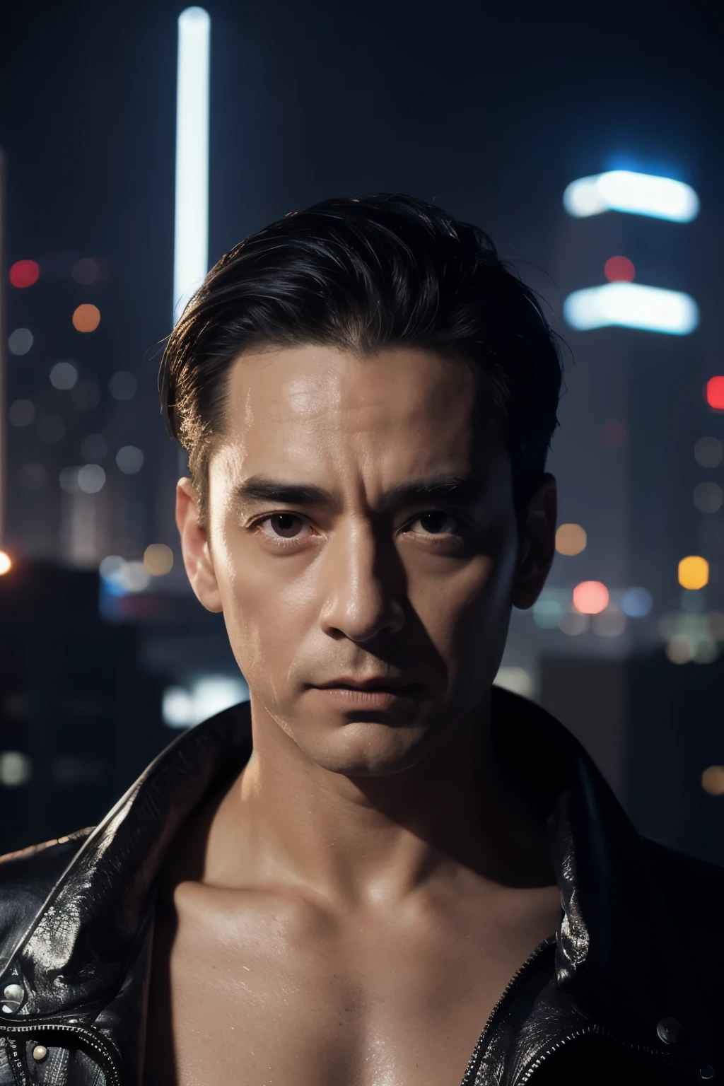 best quality, ultra realism, guy standing on a rooftop, metropolis night background, detailed image, portrait, cyberpunk style, full-face, man