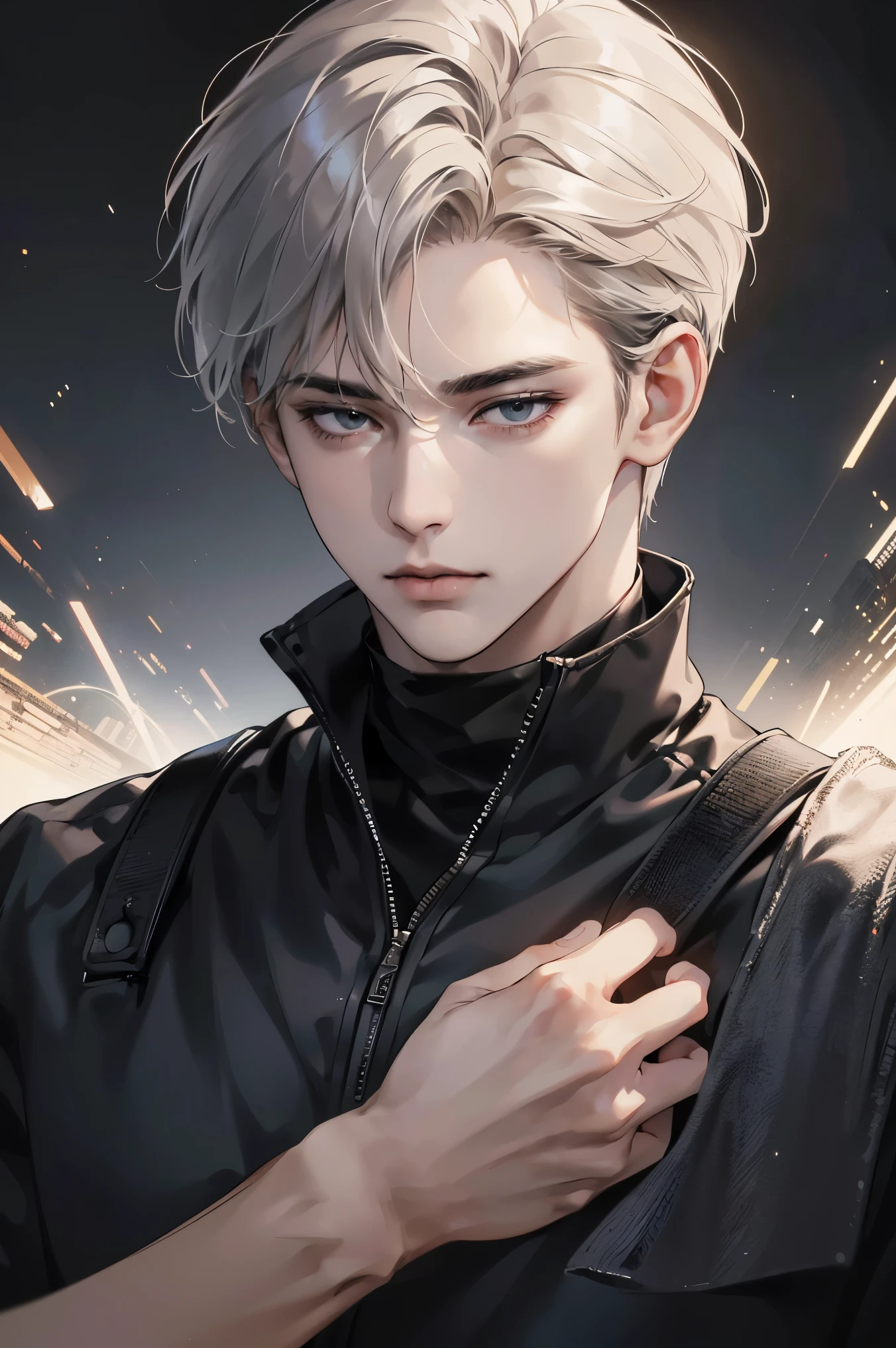 (best quality digital art digital illustration 4k high resolution beautiful image hyper-detailed image perfect lines soft lighting night environment soft zoom perfect face) (1:1 photorealistic) (neutral colors hdr 1.4) an adult 25 year old man (expressionless black eyes) hair medium black modern clothes dystopia,default black background