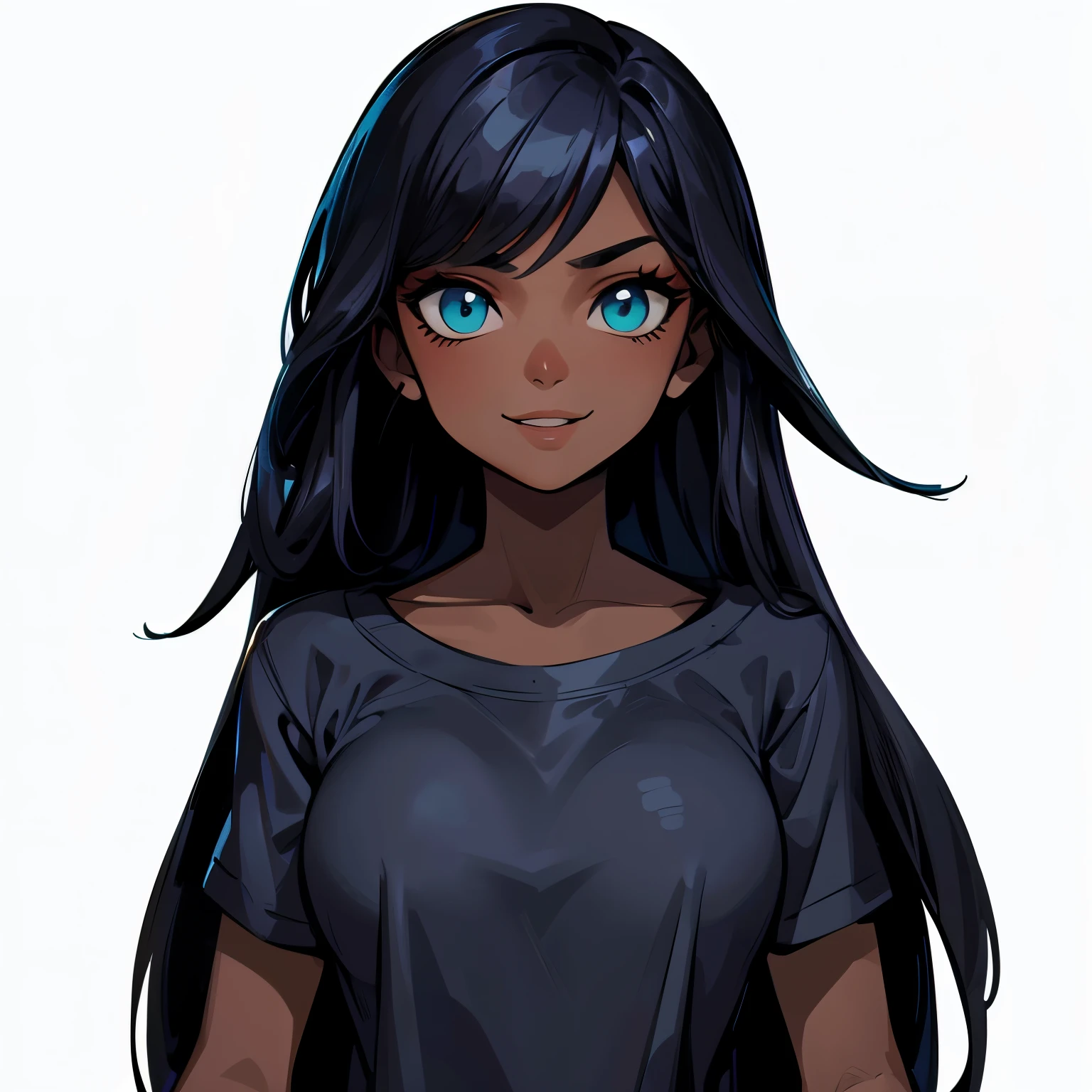 masterpiece), best quality, expressive eyes , Perfect face, woman, brown skin, dark skin, cyan eyes, long hair, straight hair, black hair, league of legends style, white background, smile, straight pose, normal pose, from the front, White background