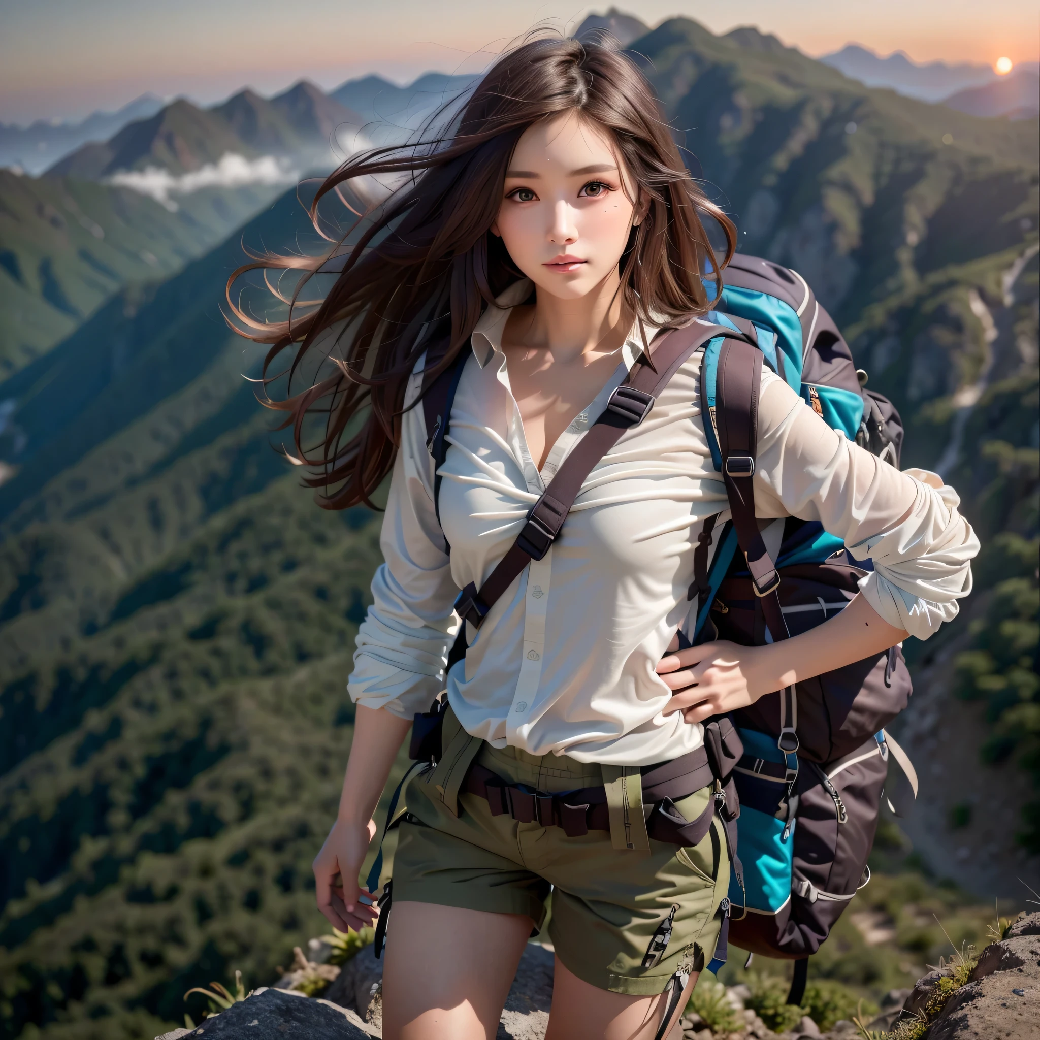 (nature photography), (best quality), masterpiece:1.2, ultra high resolution, lifelike:1.4, original photo, (majestic mountain peak, sea of clouds), (on a very high mountain), (Sunset), (Wide-angle lens), (Show cleavage:0.8),
(1 girl), (Photos from the knee up:1.3), (18 years old), (Smile:0.9), (skin shiny), (semi long hair, Dark brown hair),
(loose white shirt, Hiking shorts), (carrying a big backpack),
(Super detailed faces), (super beautiful shit), (super detailed eyes), (Super detailed nose), (Super detailed mouth), (The arms are very detailed), (Super detailed body), pan focus, looking at the audience