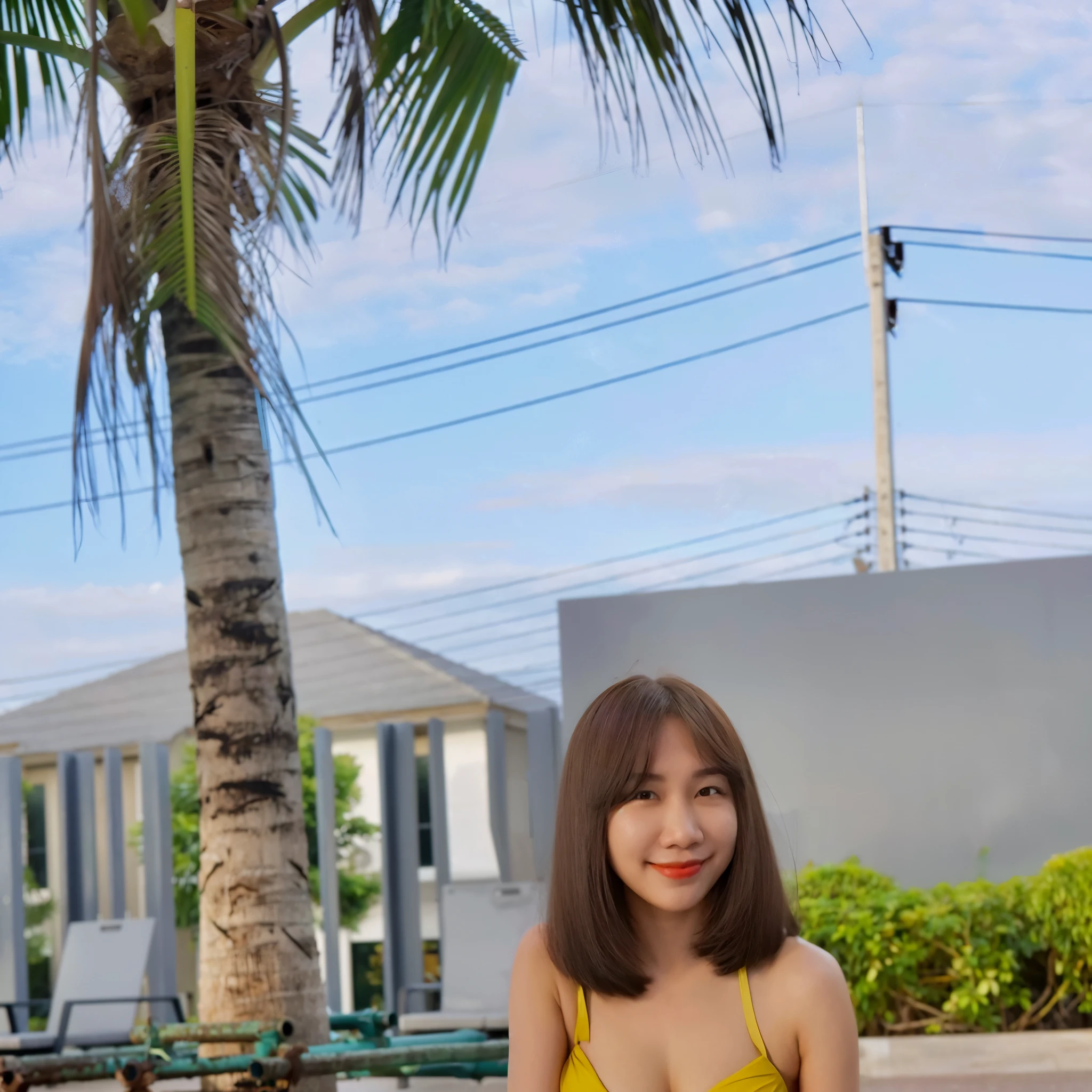 Asian woman Arav shows off her bare breasts sitting in a pool, beside the pool, sitting by the pool, Thai girl anime, Next to the tropical pool, Asian girl, 21 years old, sitting in the pool, Tomorrow, Tran., 2 7 years, Hot with bright sunlight, 22 years old, break my spirit