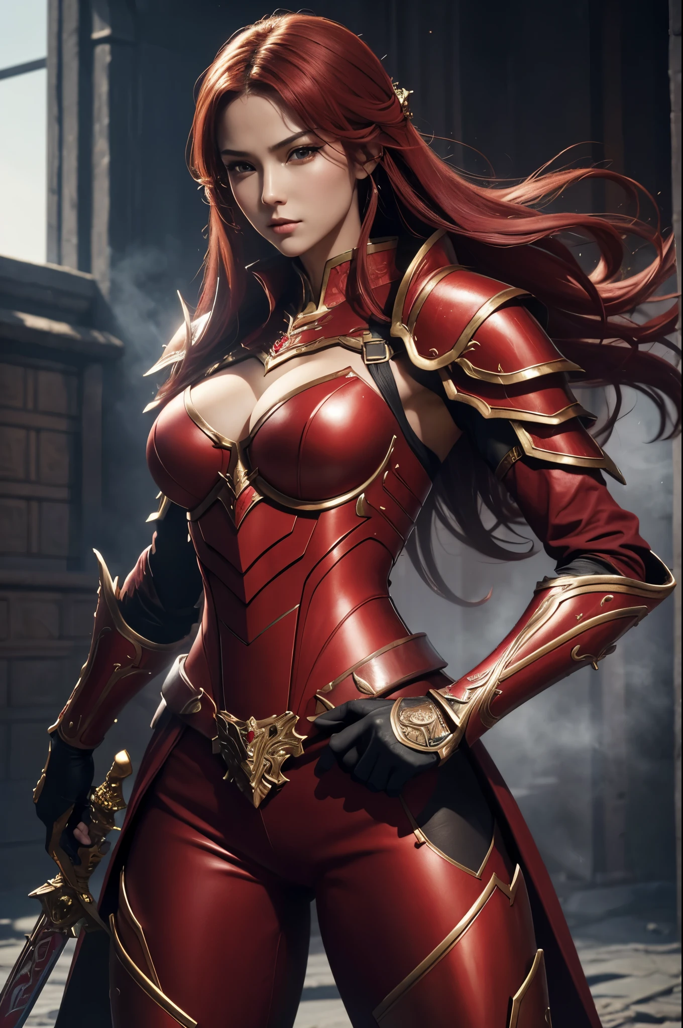 8k,Close-up of a goddess with a sacred sword, Gorgeous big chest chest armor, Sexy超美人(like the real thing)goddess of war,slender body,muscular woman,sharp look,He has a large and luxurious holy sword.,beautiful long red hair,strongly cracked abdominal muscles,Sexy,highly detailed art germ, Alexandra Fomina Art Station, 2. 5d cgi anime fantasy artwork, lady in red armor, armor girl, fan art best art station, great character art, Kushart Krenz Key Art Feminine, Chengwei Pan at Art Station,Super high resolution,Luxury Red Large Mist Chest Armor,luxury red combat pants,gorgeous red gauntlet,luxury red shoulder armor,luxurious red waist armor,fantasy art,strongly cracked abdominal muscles,muscular thin legs,very big breasts,fighting pose,Sword-holding pose,