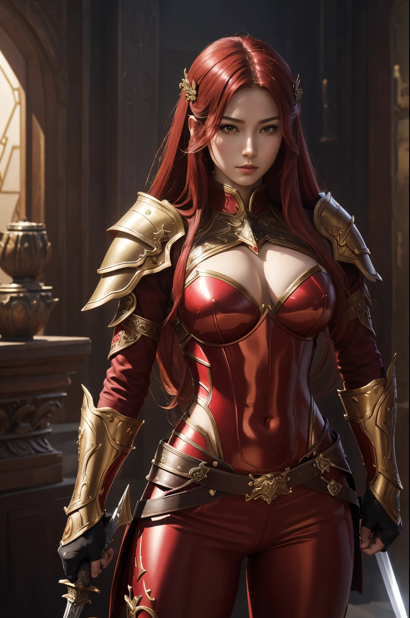 8k,Close-up of a goddess with a sacred sword, Gorgeous big chest chest armor, Sexy超美人(like the real thing)goddess of war,slender body,muscular woman,sharp look,He has a large and luxurious holy sword.,beautiful long red hair,strongly cracked abdominal muscles,Sexy,highly detailed art germ, Alexandra Fomina Art Station, 2. 5d cgi anime fantasy artwork, lady in red armor, armor girl, fan art best art station, great character art, Kushart Krenz Key Art Feminine, Chengwei Pan at Art Station,Super high resolution,Luxury Red Large Mist Chest Armor,luxury red combat pants,gorgeous red gauntlet,luxury red shoulder armor,luxurious red waist armor,fantasy art,strongly cracked abdominal muscles,muscular thin legs,very big breasts,fighting pose,Sword-holding pose,