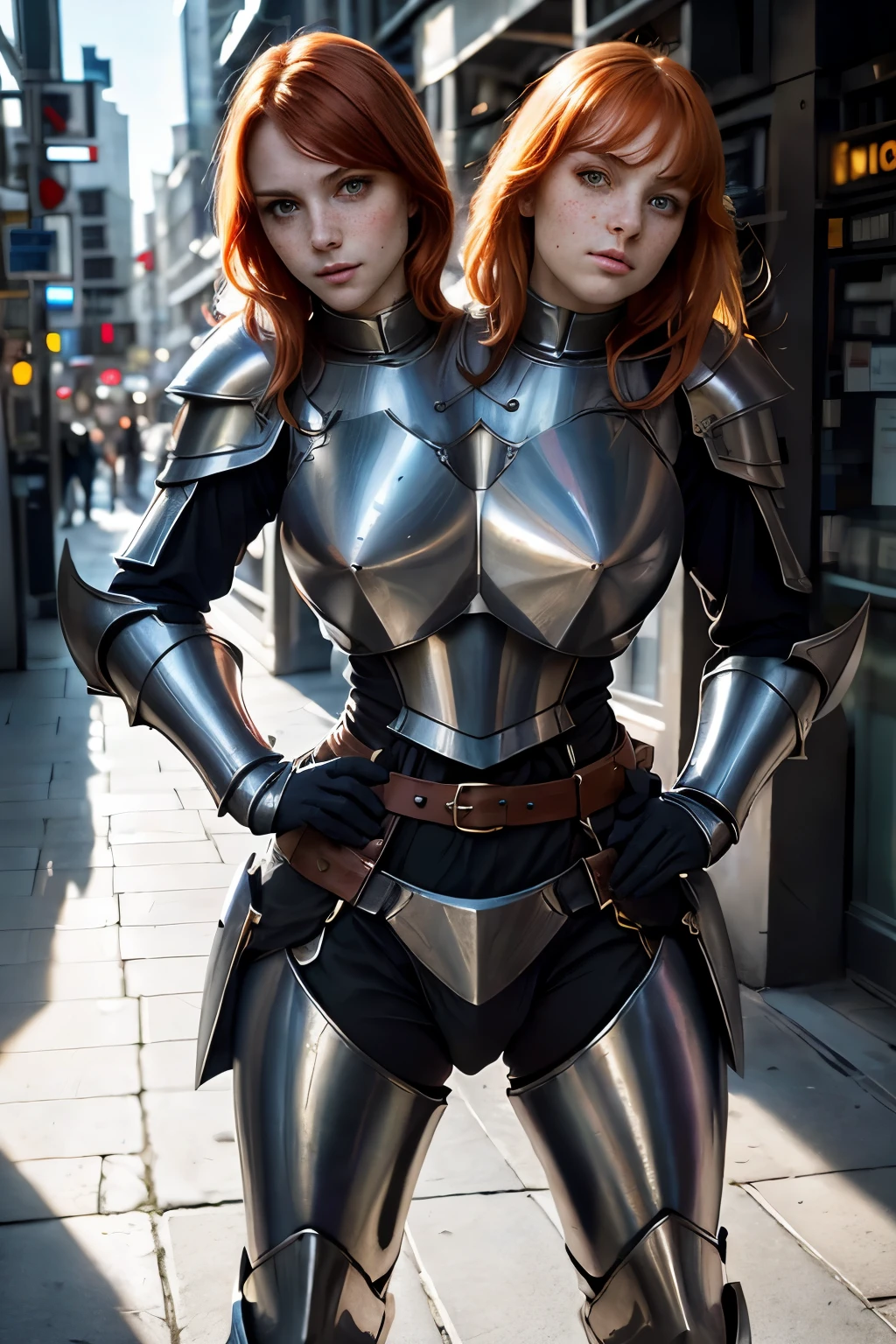 (2heads:1.2), 1girl, Original Character, Fantasy Concept Art, Volumetric Lighting, Best Shadows, Shallow Depth of Field, Portrait Of Noble Knight Man, Dignified, Delicate Tactical Heavy Armor, Opaque Visor, Face Armor, Pauldrons, Tasset Belt, Gauntlet, Poleyn, High Quality Armor Texture, (Broad Shoulders:1.2), (Extremely Tall:1.2), long vibrant orange hair, freckles, white ribbon in hair. Sword Scabbard, Standing Tall, Crossed Arms, Looking At Viewer, Glaring Sunlight, modern city, (Highest Quality, Amazing Details:1.25), Brilliant Colorful Paintings