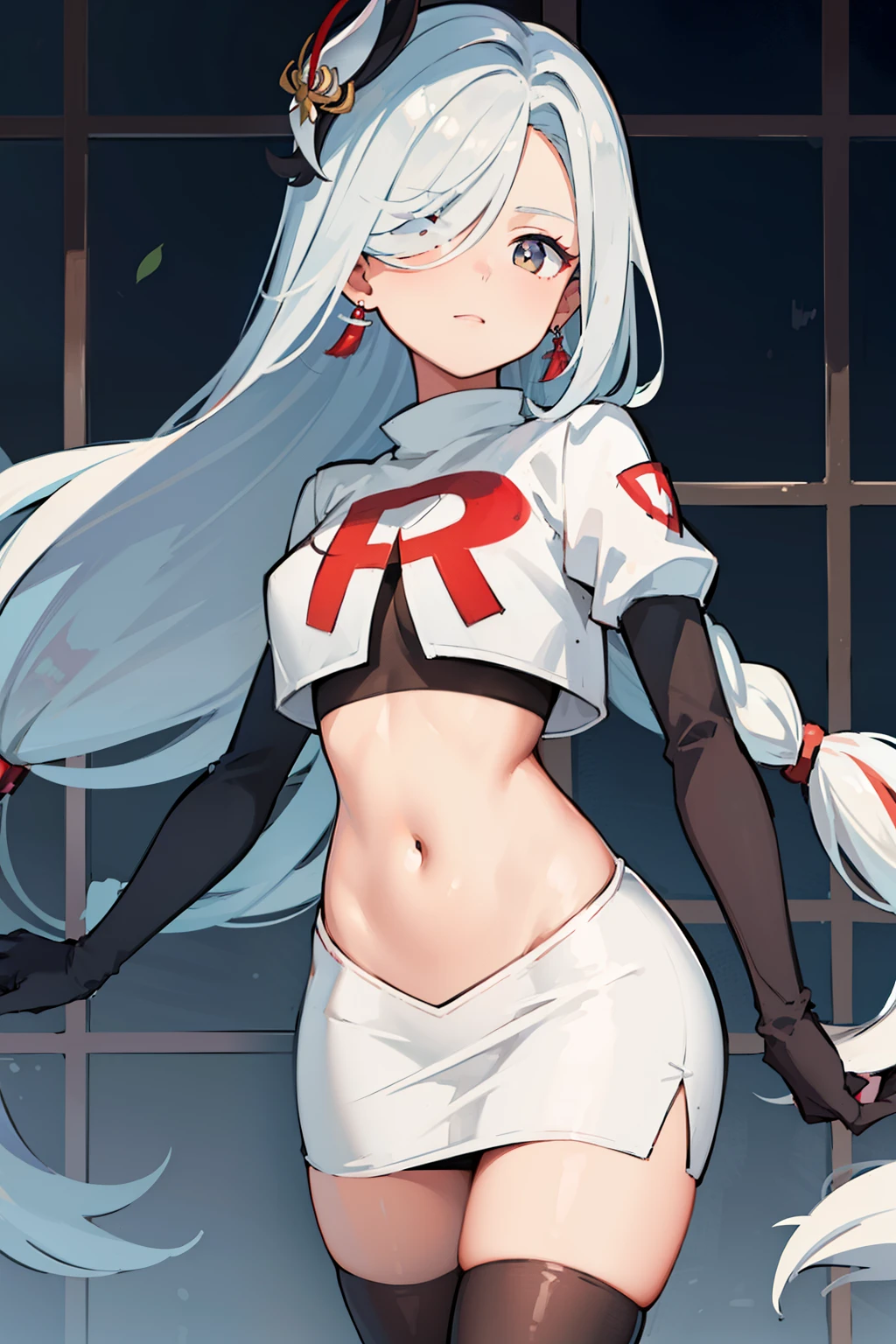 masterpiece, best quality, shenhe \(genshin impact\),hair over one eye, grey eyes, long hair, 1girl, solo, earrings, hair ornament, team rocket,team rocket uniform, red letter R, white skirt,white crop top,black thigh-highs,black elbow gloves