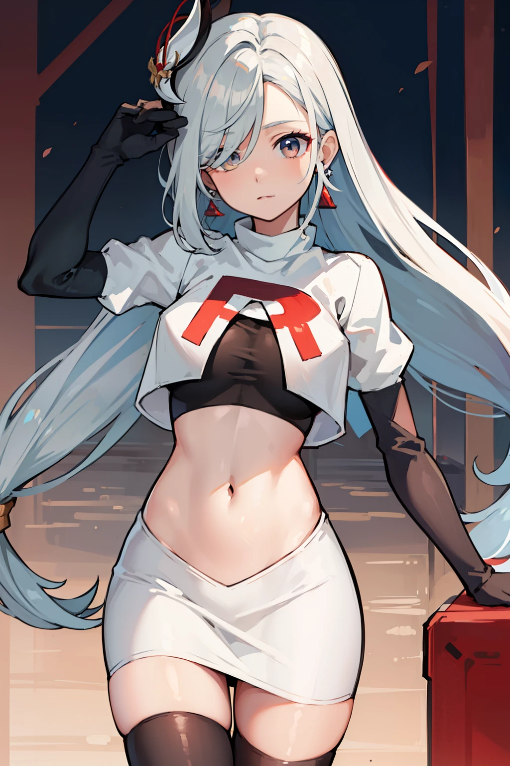 masterpiece, best quality, shenhe \(genshin impact\),hair over one eye, grey eyes, long hair, 1girl, solo, earrings, hair ornament, team rocket,team rocket uniform, red letter R, white skirt,white crop top,black thigh-highs,black elbow gloves