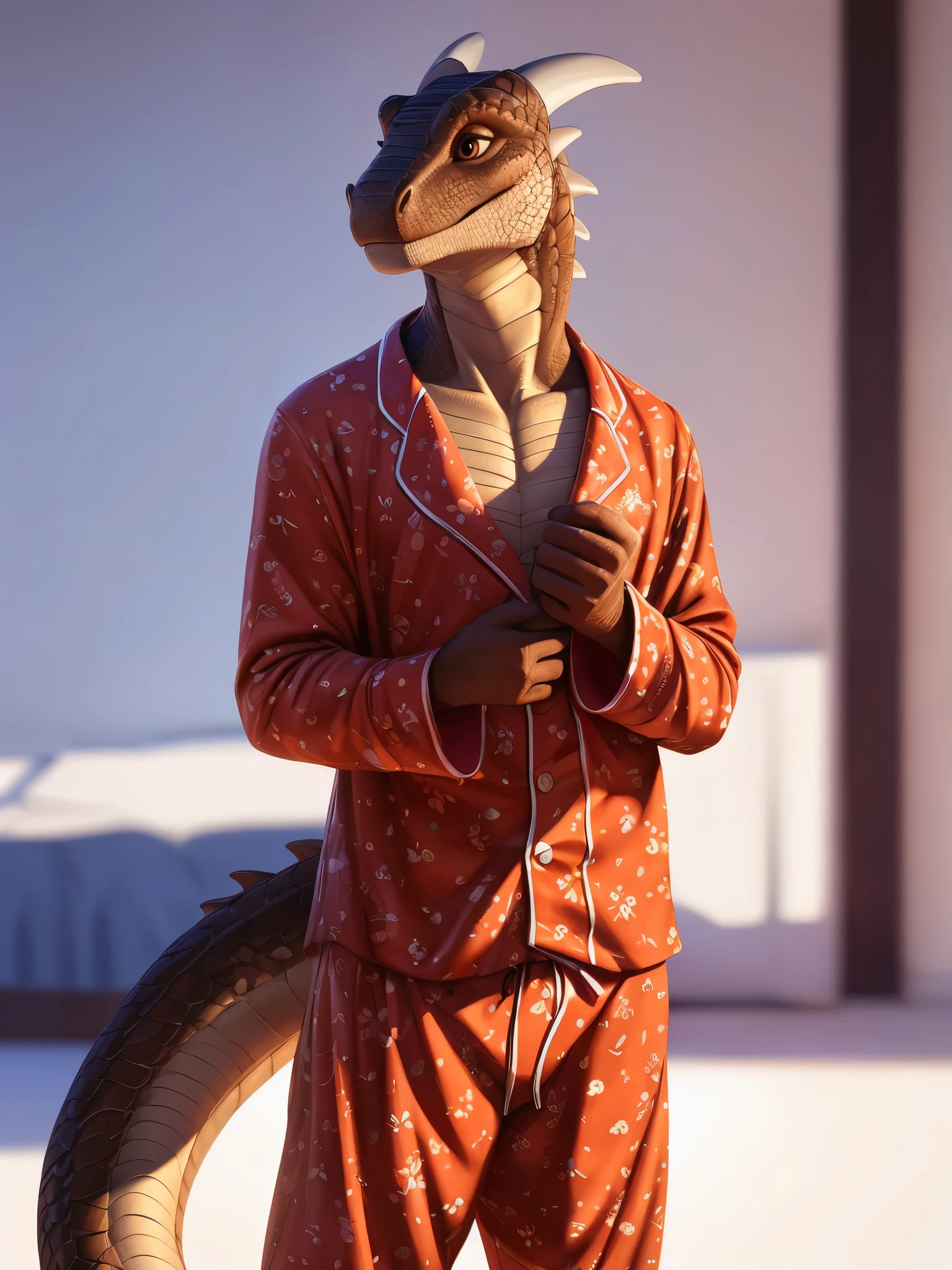 (by pixelsketcher:0.6), (by personalami :0.6), solo,male, dragon,scale, lizard ,detailed background, (cinematic lighting:1.1), (perfect focus:1.1), 8k hd, photo, (detailed eyes:1.2),depth of field, bokeh, subsurface scattering, wide ,(pajamas, sleepwear, orange pajamas),full body, bright colors, (furry detail),((simple background, white background, single color background))photorealistic, ultra realistic,realistic, photorealistic,smile,(scale),(realistic scales:1.1),(tail,short tail), (extreme scale),solo,((Brown scales,Brown skin)), Brown eyes, beautiful brown eyes, detailed eyes,full body,sexy legs,pixar style eyes,standing, posing
