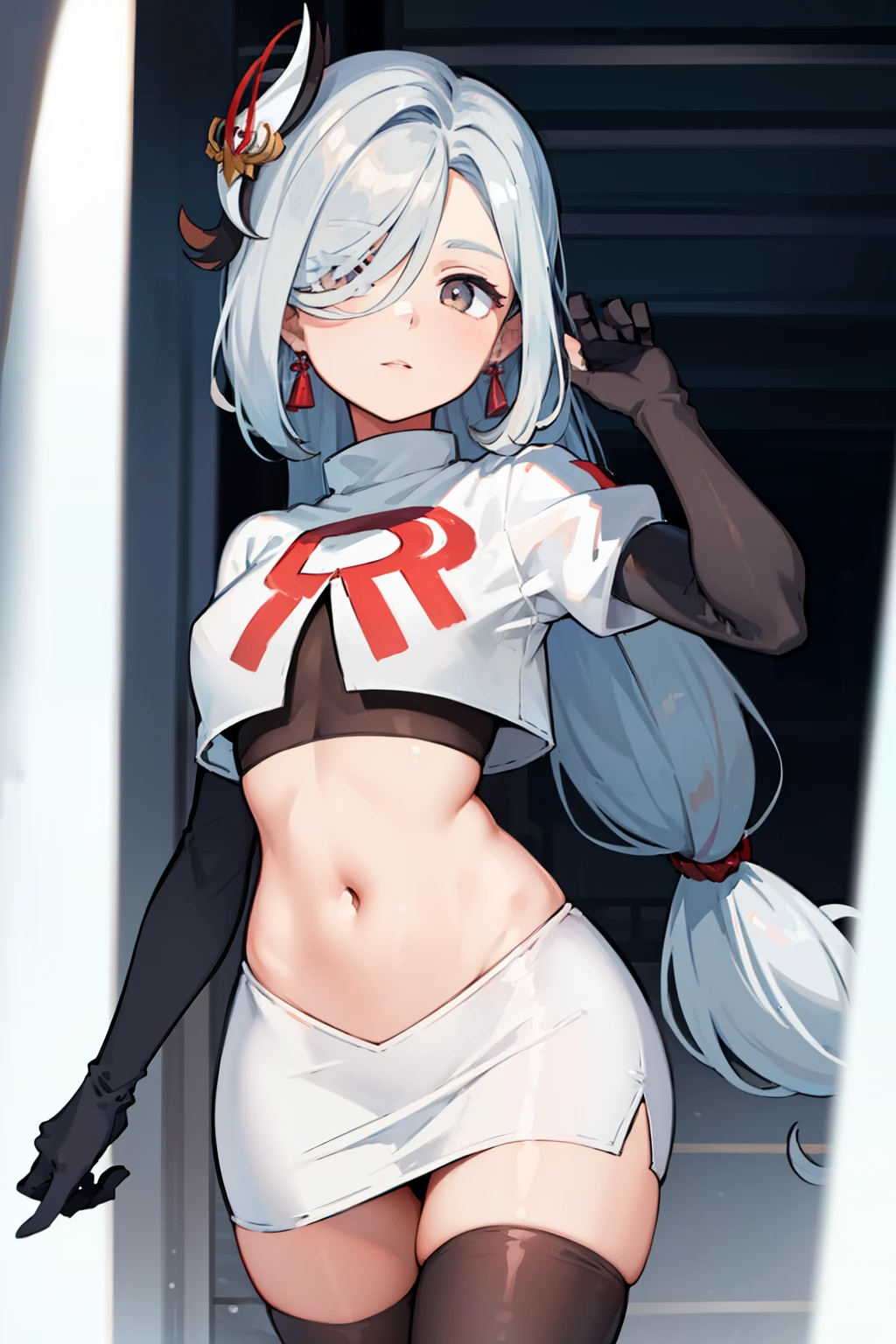 masterpiece, best quality, shenhe \(genshin impact\),hair over one eye, grey eyes, long hair, 1girl, solo, earrings, hair ornament, team rocket,team rocket uniform, red letter R, white skirt,white crop top,black thigh-highs,black elbow gloves