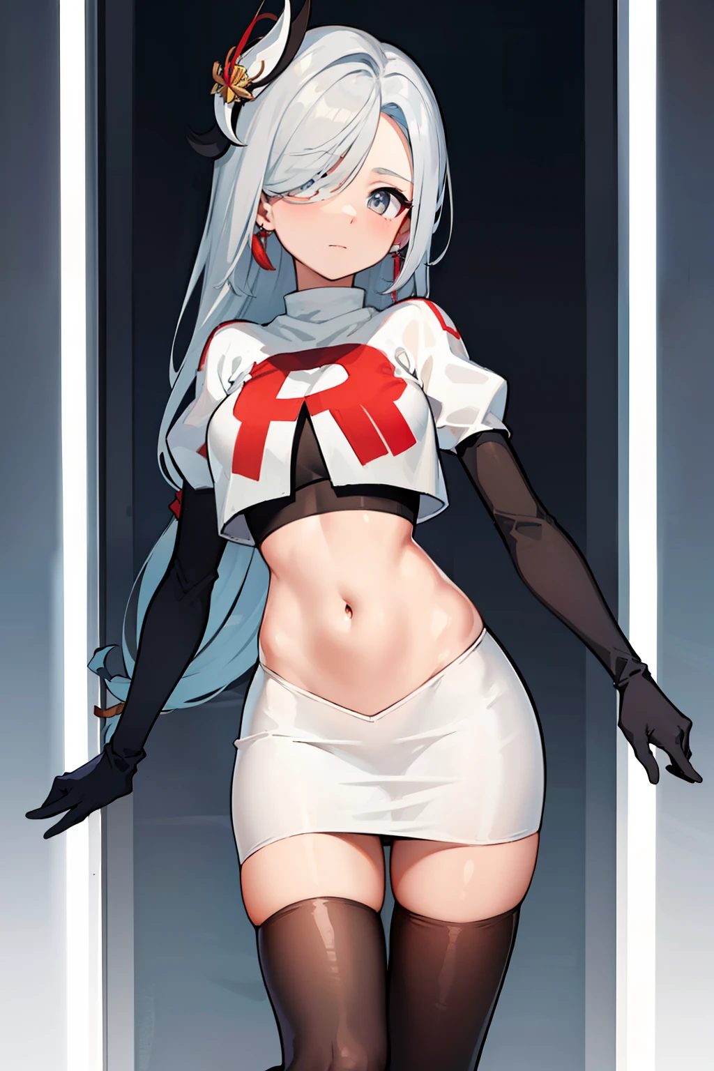 masterpiece, best quality, shenhe \(genshin impact\),hair over one eye, grey eyes, long hair, 1girl, solo, earrings, hair ornament, team rocket,team rocket uniform, red letter R, white skirt,white crop top,black thigh-highs,black elbow gloves