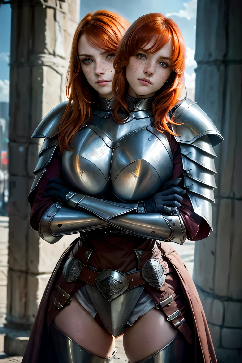 ((high resolution)), athletic, defined muscles, ((pale skin)), freckled, redhead 11 year old, Sophia Lillis, curly hair with bangs, ((large breasts)), naked, as a fantasy warrior, sexy armor