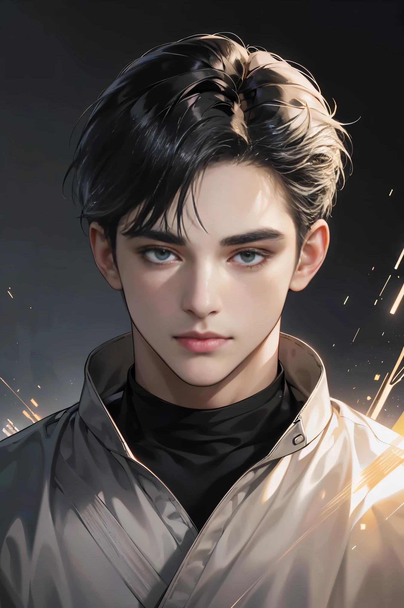 (best quality digital art digital illustration 4k high resolution beautiful image hyper-detailed image perfect lines soft lighting night environment soft zoom perfect face) (1:1 photorealistic) (neutral colors hdr 1.4) an adult 25 year old man (expressionless black eyes) hair medium black modern clothes dystopia,default black background