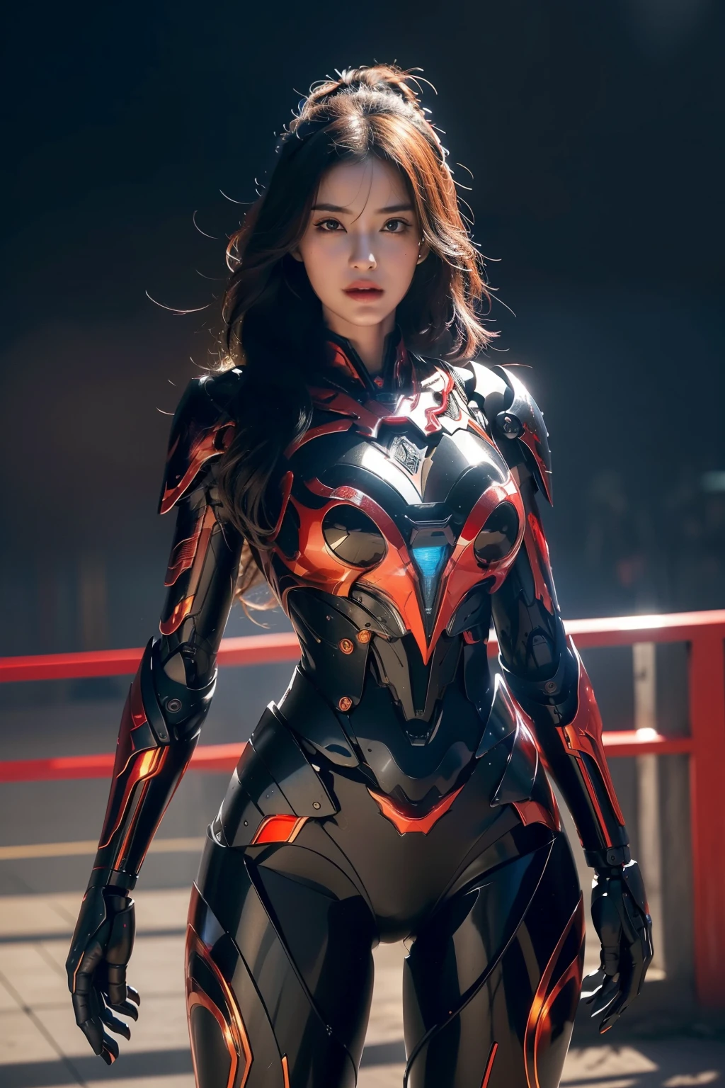 ((masterpiece, best quality)),illustration,ultra detailed 8k,(detailed face), photorealistic,sharp focus,highly detailed,professional lighting,colorful details,iridescent colors BREAK extreme long shot of a factory,large mechanical robot construction,microchip,computer,glowing,intricate details,shitu-mecha,1girl is standing back turned in front of the audience,Navel