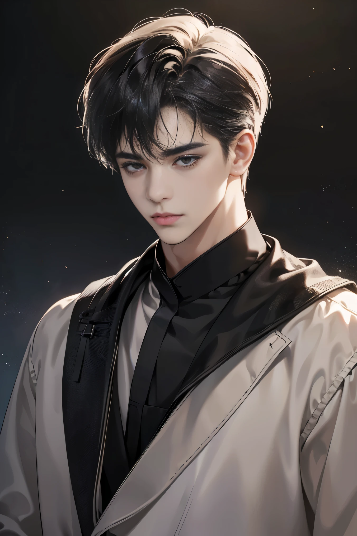 (best quality digital art digital illustration 4k high resolution beautiful image hyper-detailed image perfect lines soft lighting night environment soft zoom perfect face) (1:1 photorealistic) (neutral colors hdr 1.4) an adult 25 year old man (expressionless black eyes) hair medium black modern clothes dystopia,default black background