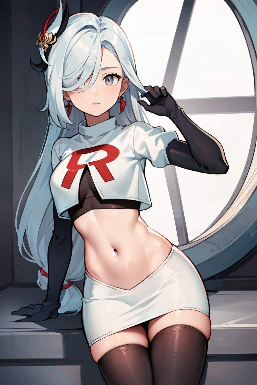 masterpiece, best quality, shenhe \(genshin impact\),hair over one eye, grey eyes, long hair, 1girl, solo, earrings, hair ornament, team rocket,team rocket uniform, red letter R, white skirt,white crop top,black thigh-highs,black elbow gloves