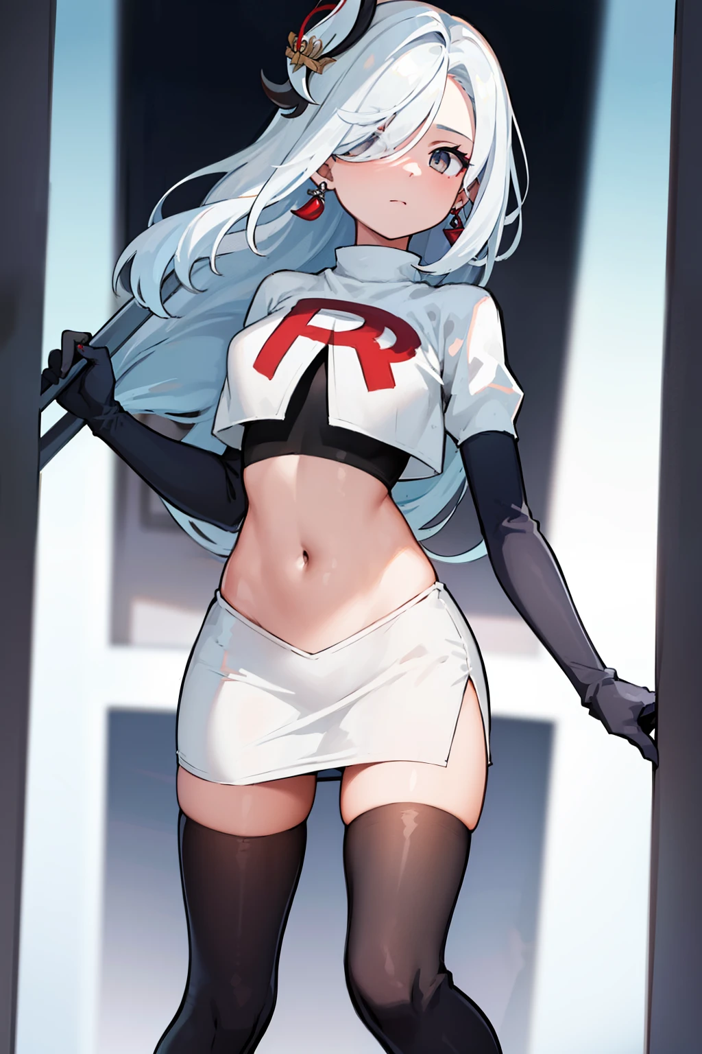 masterpiece, best quality, shenhe \(genshin impact\),hair over one eye, grey eyes, long hair, 1girl, solo, earrings, hair ornament, team rocket,team rocket uniform, red letter R, white skirt,white crop top,black thigh-highs,black elbow gloves