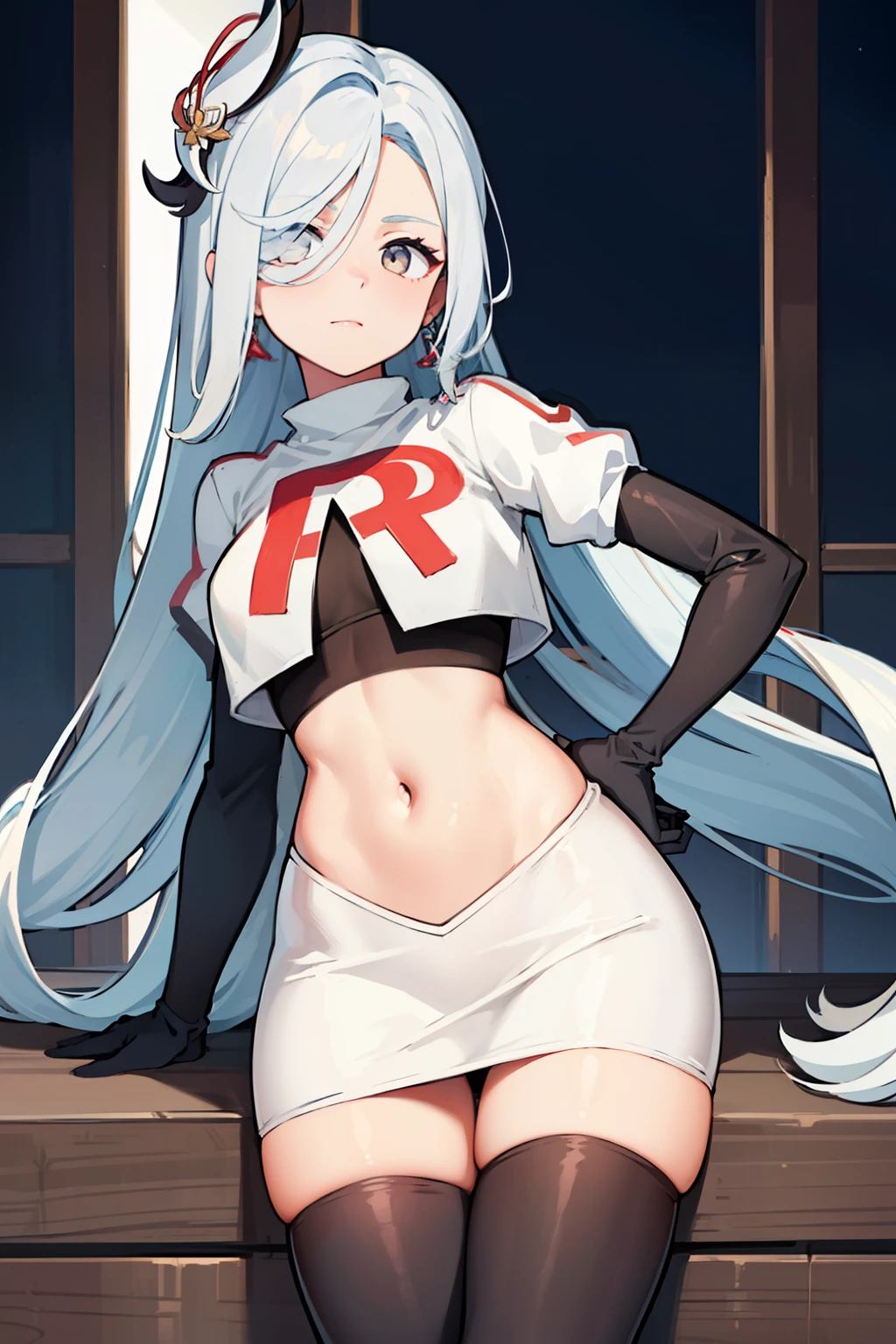 masterpiece, best quality, shenhe \(genshin impact\),hair over one eye, grey eyes, long hair, 1girl, solo, earrings, hair ornament, team rocket,team rocket uniform, red letter R, white skirt,white crop top,black thigh-highs,black elbow gloves