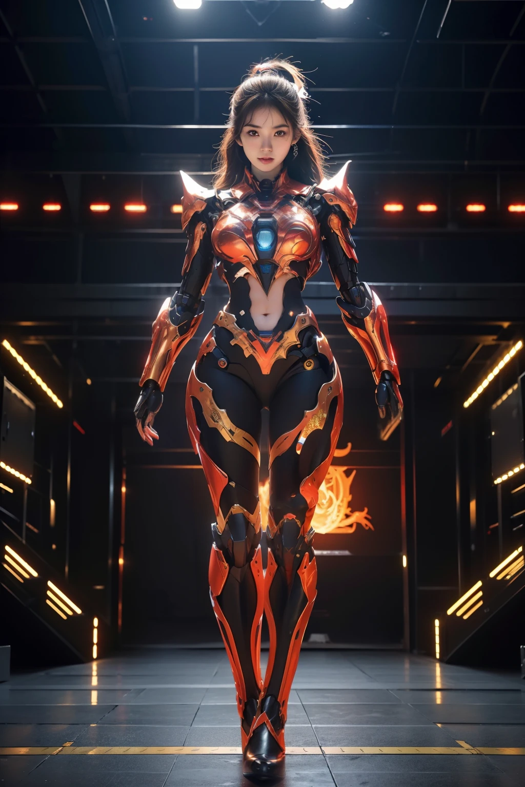 ((masterpiece, best quality)),illustration,ultra detailed 8k,detailed face, photorealistic,sharp focus,highly detailed,professional lighting,colorful details,iridescent colors BREAK extreme long shot of a factory,large mechanical robot construction,microchip,computer,glowing,intricate details,shitu-mecha,1girl is standing in front of the audience,Navel