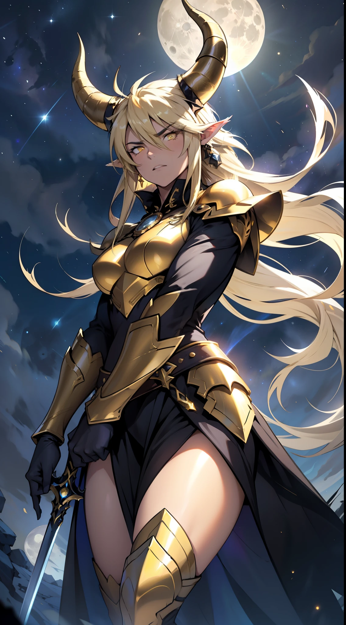 1girl,20s,beautiful girl,horns,long hair,cathyl hair,light blonde hair,gold armor,holding a golden sword,yellow eyes,,Ray Light Glow Lens Flare,((night,night sky,full moon)),serious,battle pose