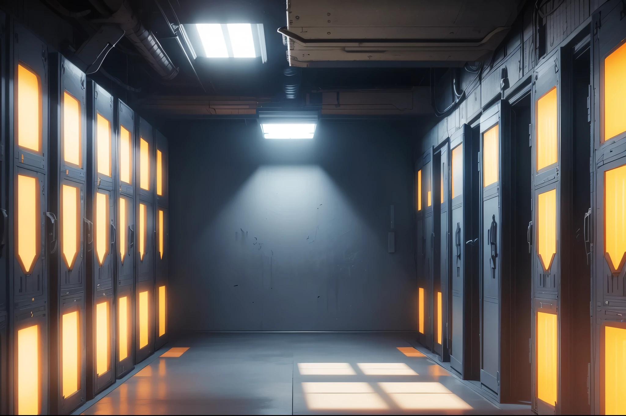 the call of duty armory is a dark room with white lights and not have windows there are weapon cases and military crates with blue, orange and yellow colors