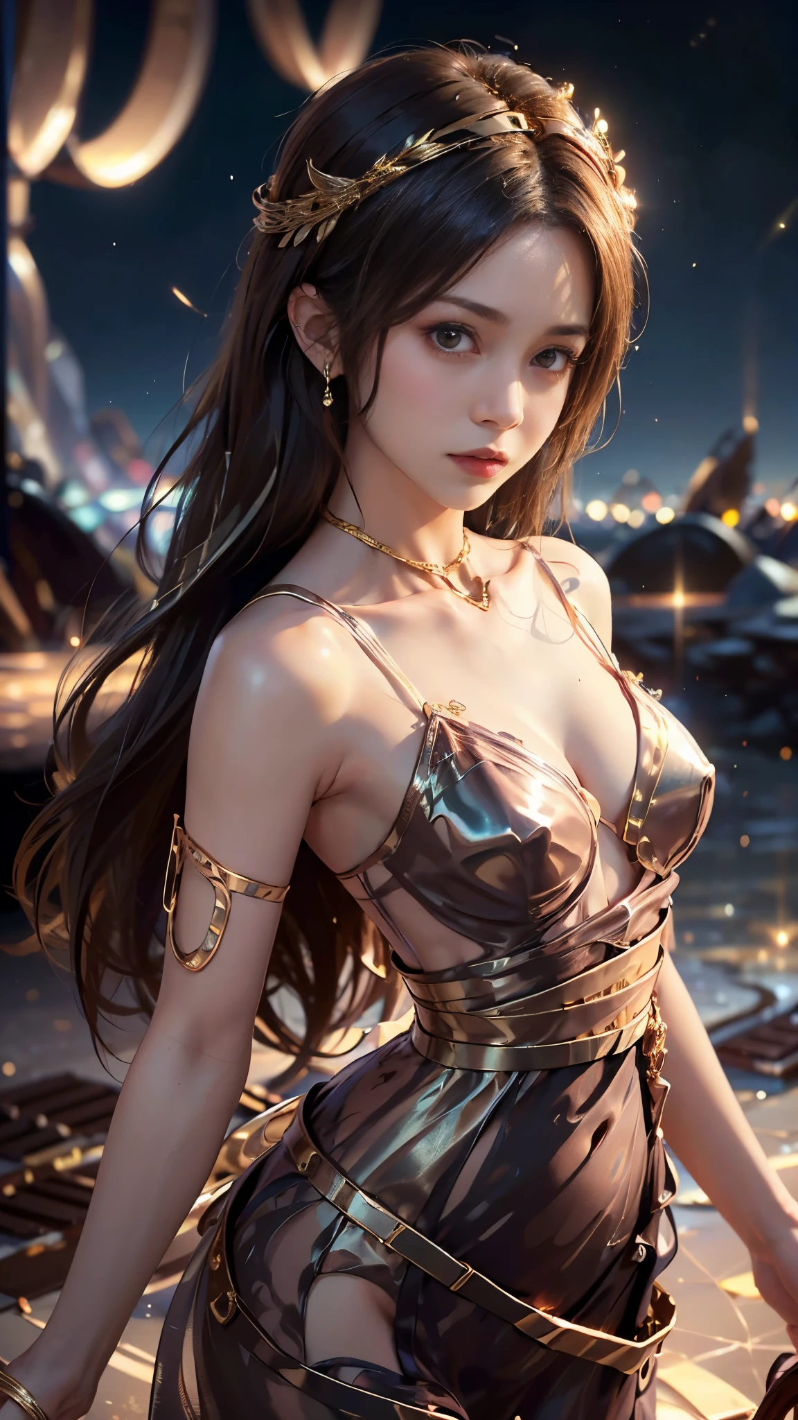 8K, ultra HD, masterpiece,  1 girl, good face, very long hair, spreading hair, Realistic eyes, (small curved breasts), (chocolate dress:1.4), (metallic dress:1.5), (bare waist:1.8),(criss-cross strap), magical lights, night light, (upper body), 