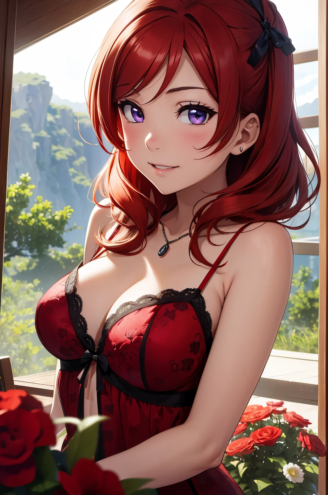 (Masterpiece, Best Quality, High Quality),Nishikino maki, Red hair, purple eyes, moist skin,volumetric lighting, illustration, beautiful, a bow,upper body, (camisole:1.1), floral print, looking to the side, confident, seductive smile, (arms behind back, head tilt:1.1), heart pendant, perfect lighting, perfect shadows, flower, (breathtaking scenery:1.1), tree, blushing