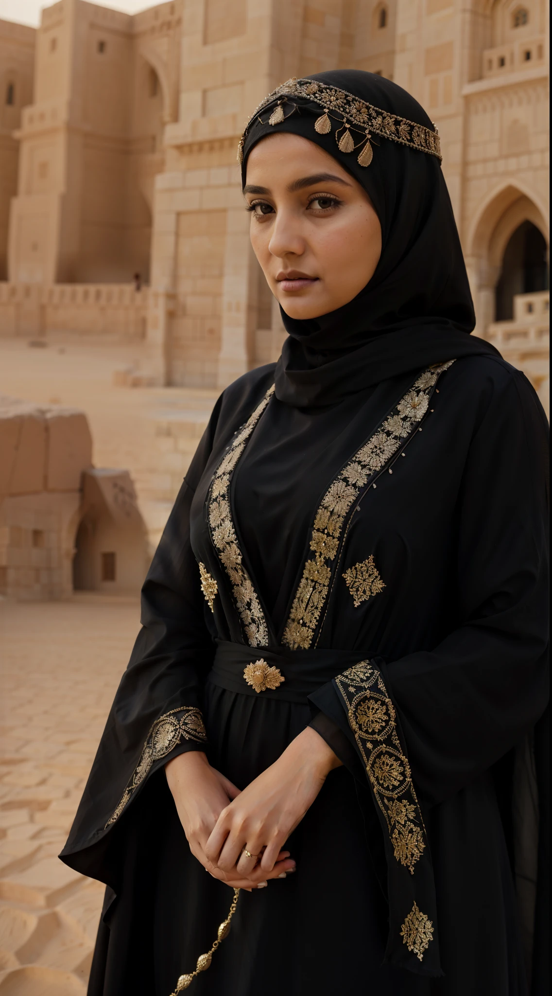 woman in black dress standing in front of a large building, african ameera al taweel, portrait shot, woman in black robes, dressed thobe, intricate details. front on, intricate detailing, subtle details, desert robe, filigran intricate details, finely detailed features, detailed face of an arabic woman, modest flowing gown, side view intricate details , on kodak gold 400,