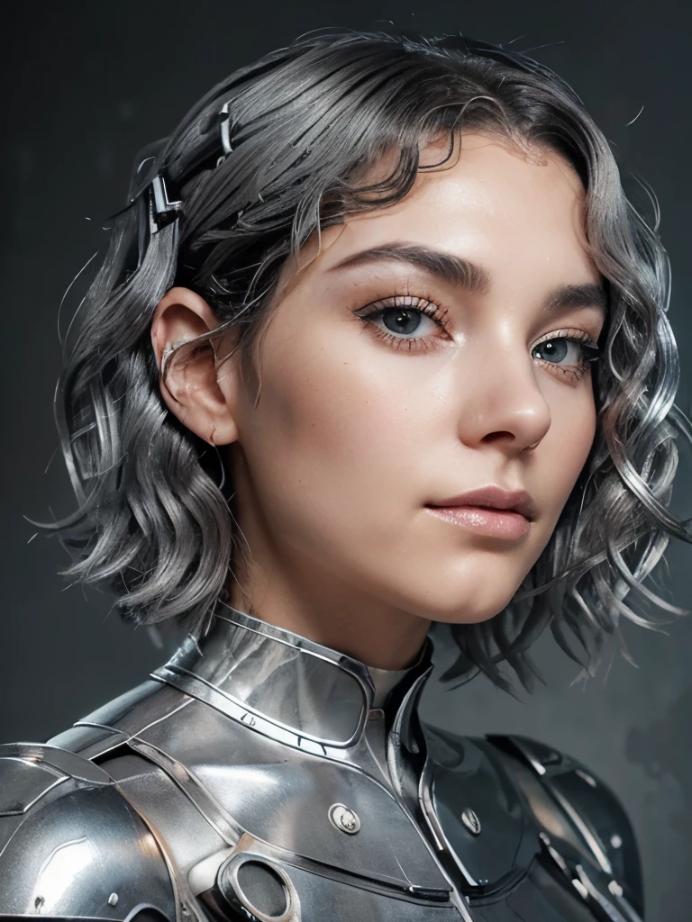 face of a beautiful futuristic girl of about 22 years old.
Her nose, subtly redder than the rest of her skin, contrasting with the rest of her pale skin.
Her eyes, very very large and brighter than a normal human being, magnetic brightness.
Her eyebrows, in contrast, are large and exaggerated, painting a portrait of intense expression. expressive form, charming face.
(((Her very short and wavy hair takes on a metallic silver-grey tone))). some beads and colored ribbons woven into her short hair. her face has a contemporary and futuristic look.
Her lips, painted in bold shades of bright orange. Their chromatic intensity completes the extraordinary ensemble, giving an aura of glamor and sophistication to this girl with a memorable face.
