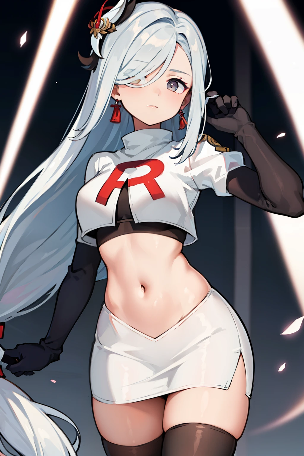 masterpiece, best quality, shenhe \(genshin impact\),hair over one eye, grey eyes, long hair, 1girl, solo, earrings, hair ornament, team rocket,team rocket uniform, red letter R, white skirt,white crop top,black thigh-highs,black elbow gloves