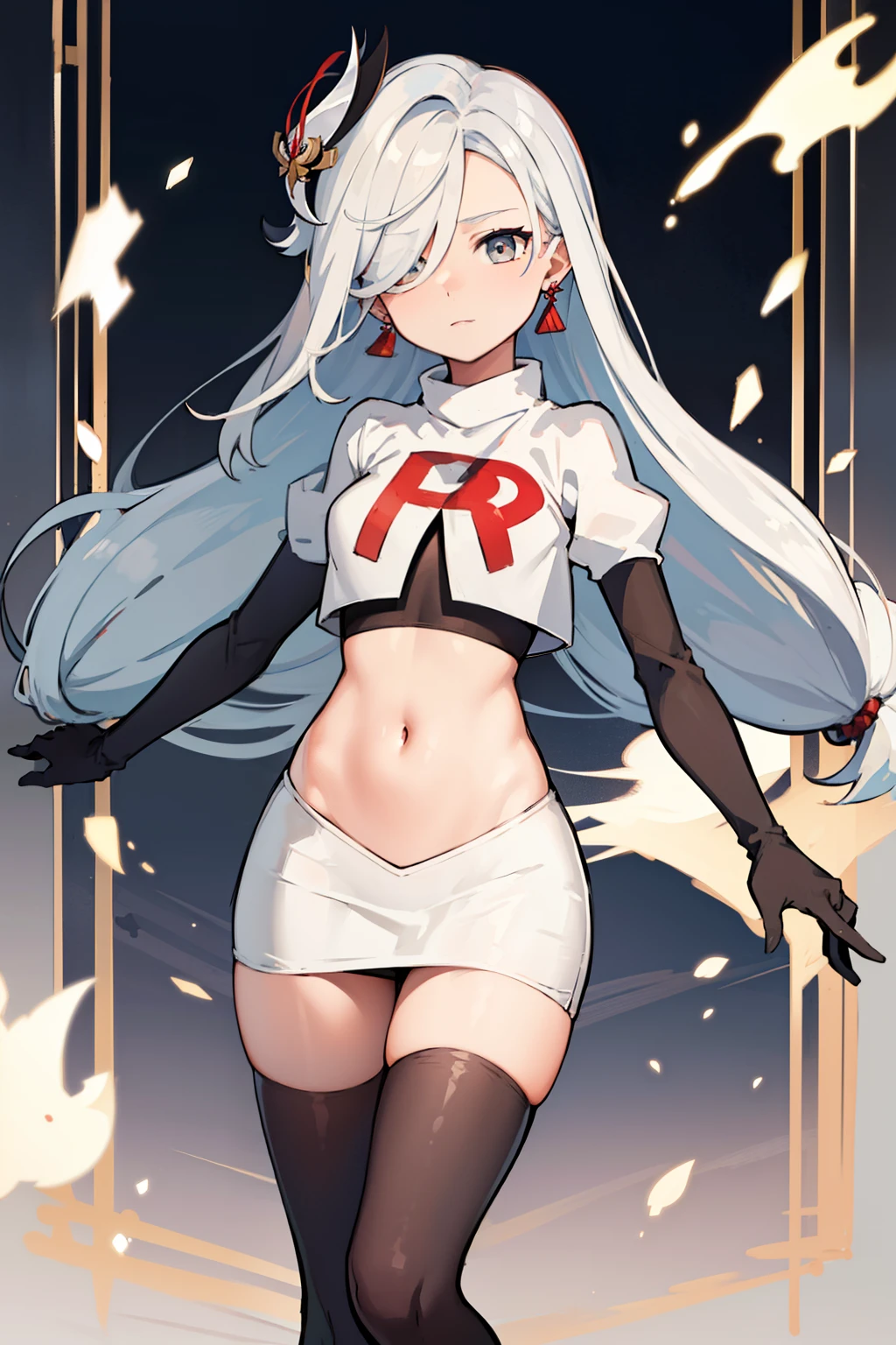 masterpiece, best quality, shenhe \(genshin impact\),hair over one eye, grey eyes, long hair, 1girl, solo, earrings, hair ornament, team rocket,team rocket uniform, red letter R, white skirt,white crop top,black thigh-highs,black elbow gloves
