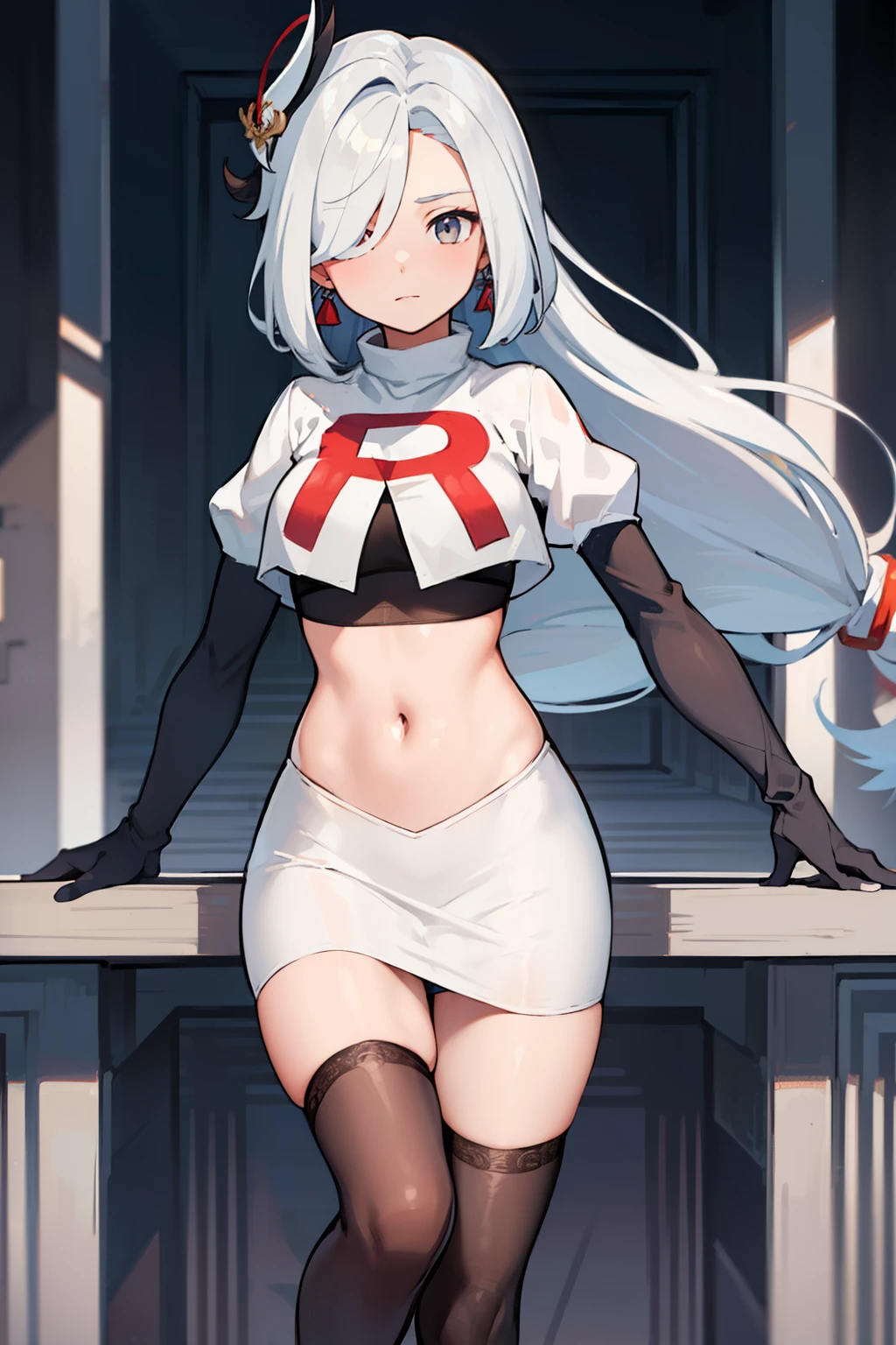 masterpiece, best quality, shenhe \(genshin impact\),hair over one eye, grey eyes, long hair, 1girl, solo, earrings, hair ornament, team rocket,team rocket uniform, red letter R, white skirt,white crop top,black thigh-highs,black elbow gloves