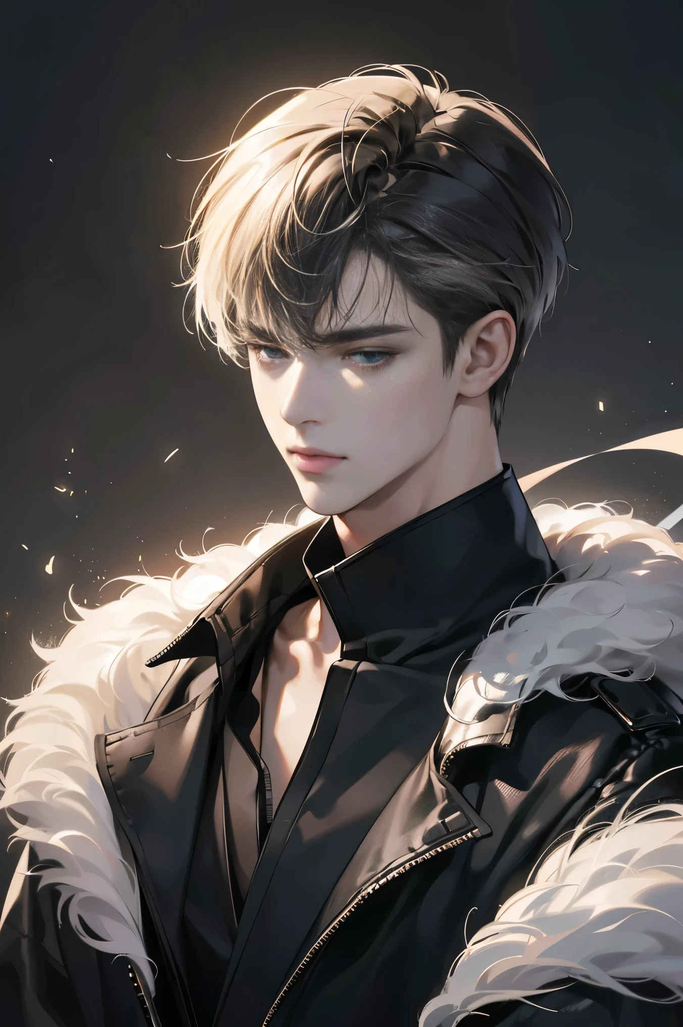 (best quality digital art digital illustration 4k high resolution beautiful image hyper-detailed image perfect lines soft lighting night environment soft zoom perfect face) (1:1 photorealistic) (neutral colors hdr 1.4) an adult 25 year old man (expressionless black eyes) hair medium black modern clothes dystopia,default black background
