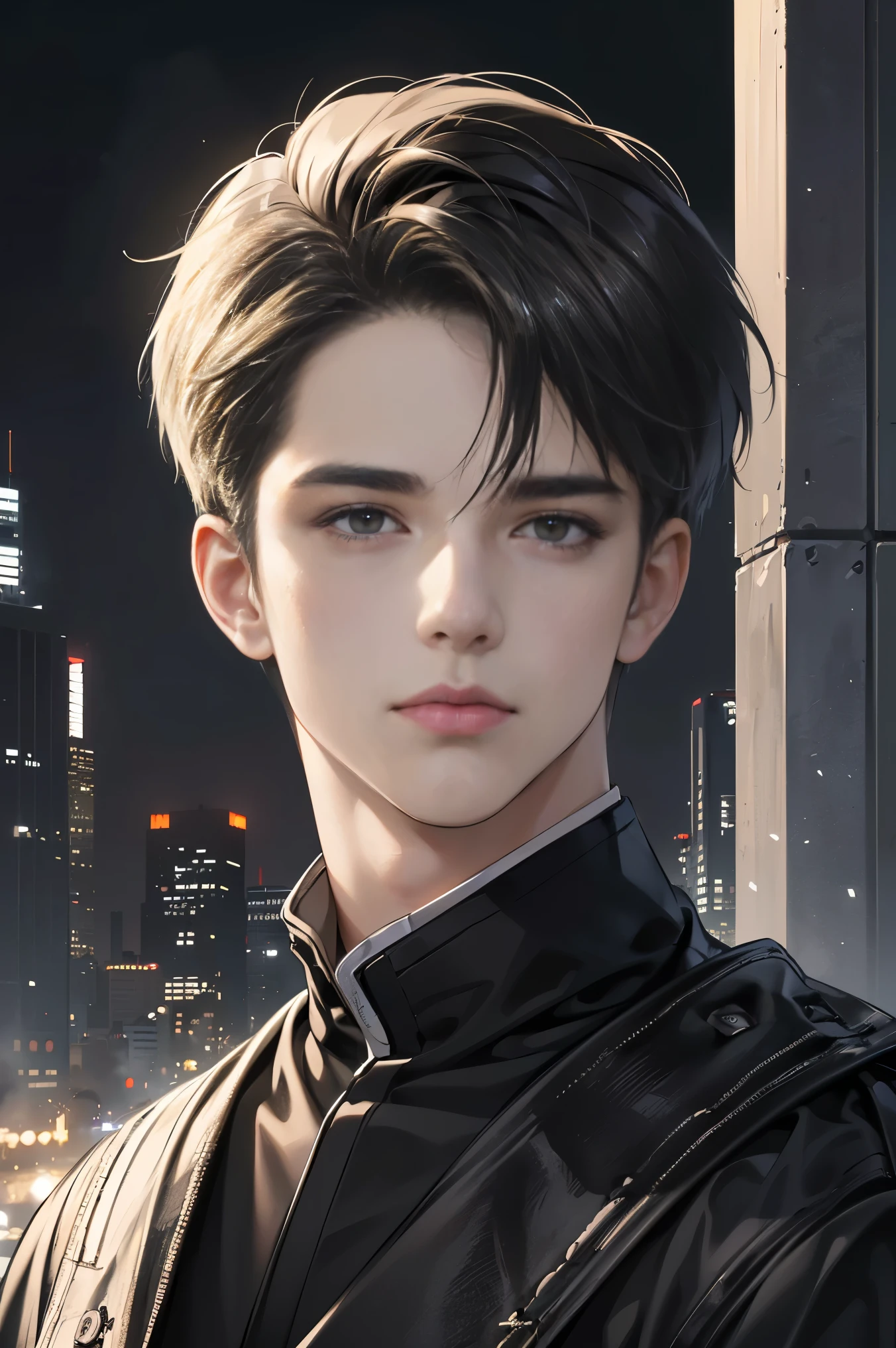 (best quality digital art digital illustration 4k high resolution beautiful image hyper-detailed image perfect lines soft lighting night environment soft zoom perfect face) (1:1 photorealistic) (neutral colors hdr 1.4) an adult 25 year old man (expressionless black eyes) hair medium black modern clothes dystopia,default black background