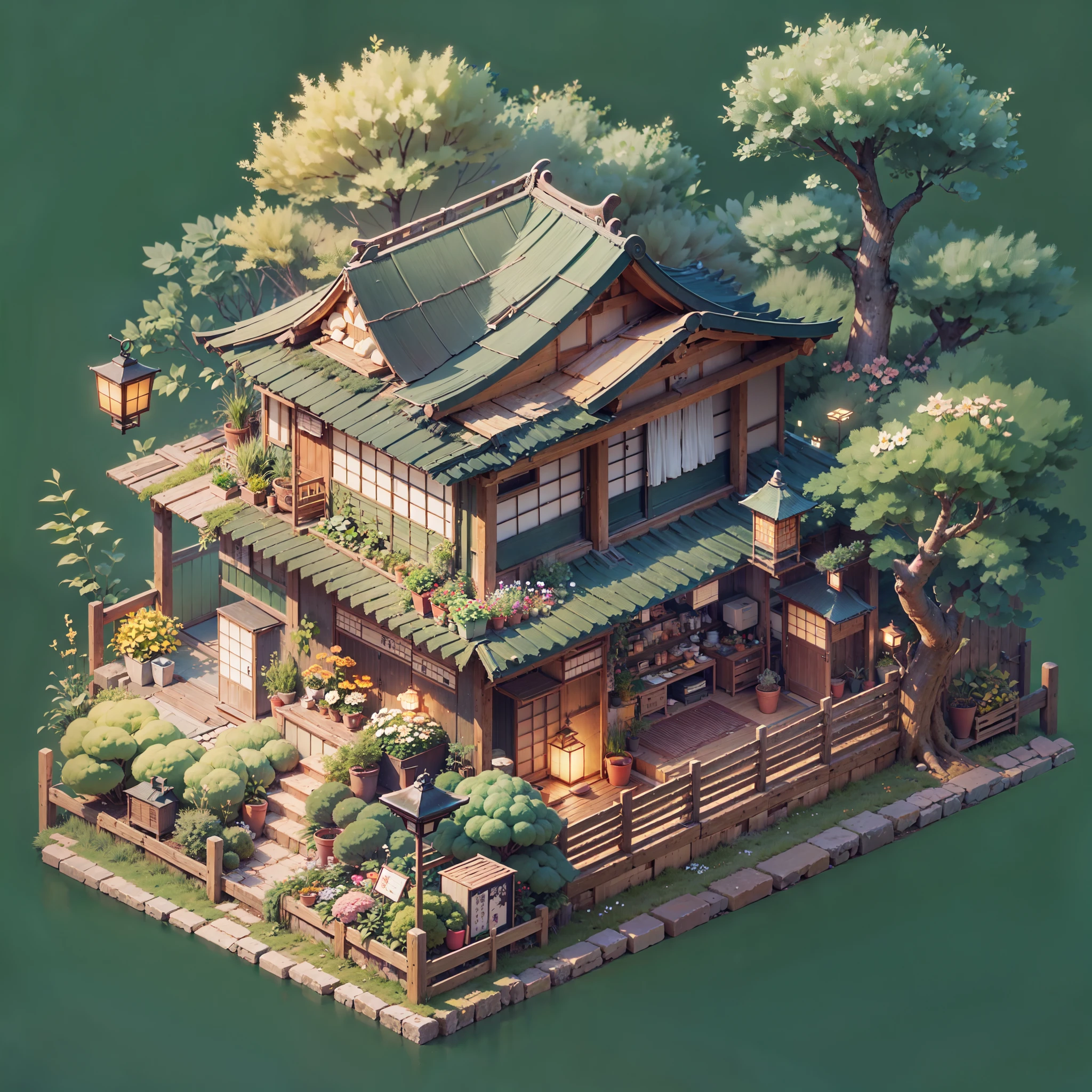 isometric house, (top-down 45-degree perspective), anime, rural japanese house, japanese lanterns, plant pots, lonely house, trees, plant-pots, flowers, blank background, clear structure, correct light and shadow, 3D rendering, isometric 3D, isometric view, --v 6
