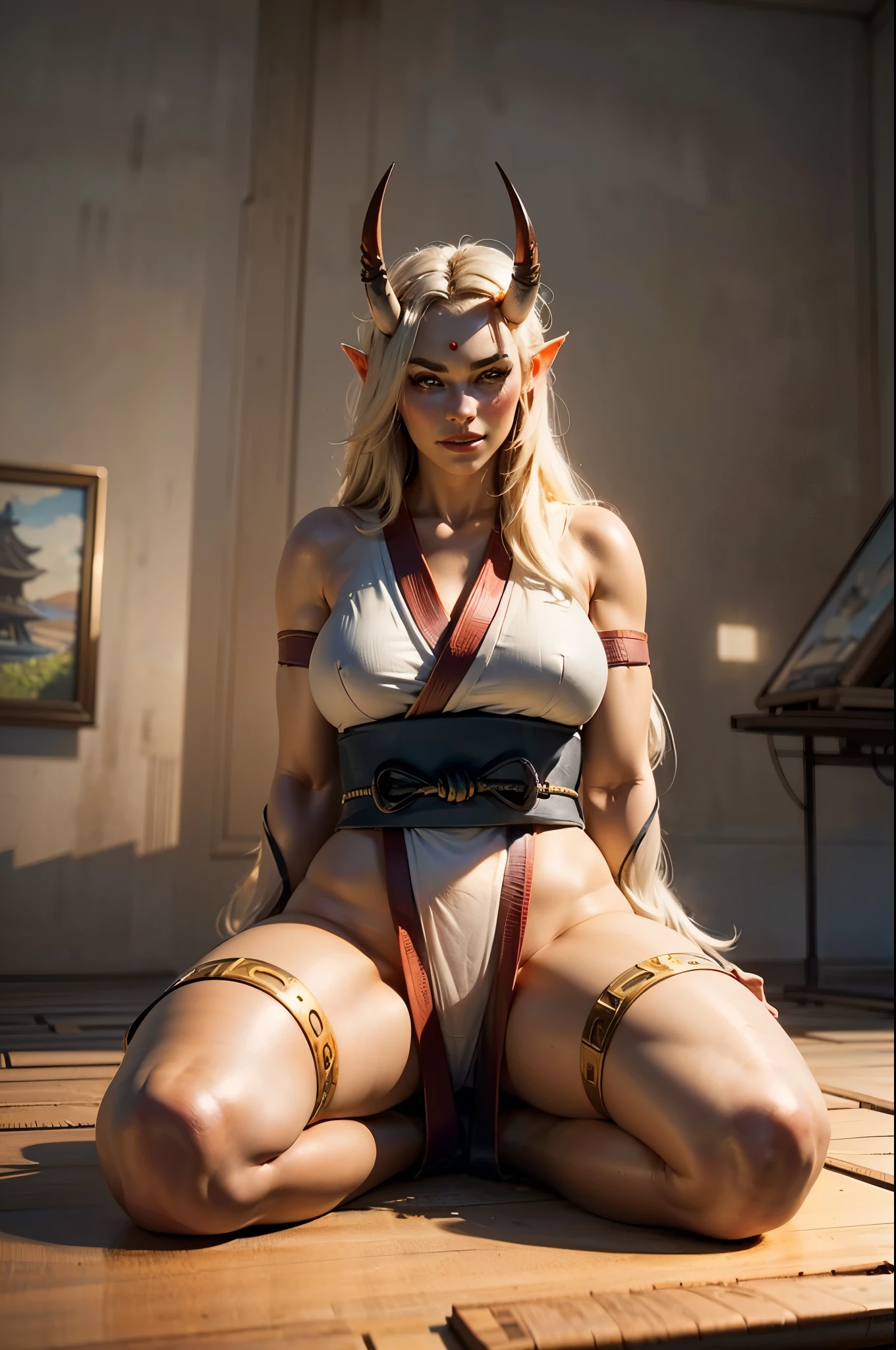 Numerous award-winning masterpiece, with incredible detail, textures and maximum detail), (hyper realistic:1.4), (full-body image:1.6),(beautiful female oni warrior:1.7),( sitting in seiza pose:1.7) (thick curvy and mature body yet muscular:1.5), (reddish fair skin tone:1.3), (wearing off shoulders kimono1.2), (2 long oni horns:1.44),(pointy ears)(white long hair blown by the wind:1.2) (wind effect)  (best quality real texture skin), (finely detailed true circle eyes), (finely Detailed and beautiful face that is out of this world:1.6), (The challenging look of the proud warrior), (She has serious gaze in  her eyes and a grin on her face:1.3), (Beautiful eyes that sparkle and shine), (Dramatic Light),(A majestic sight), (((dramatic photo))),(Sunny), ((dramatic pose)), (flamboyant photo), (golden hair),  epic realistic, faded, art, (art station:1.5), cinematic, ((neutral colors)), (hdr:1.5), (muted colors:1.2), hyper detailed, dramatic light, (intricate details:1.1), complex background,