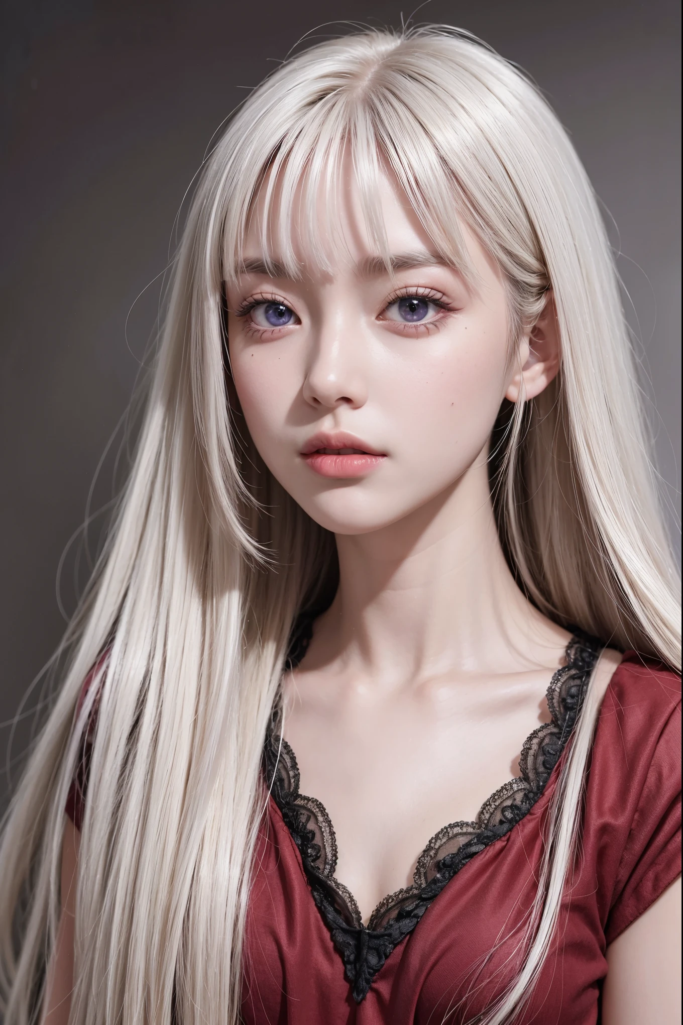 top-quality、超A high resolution、a picture、Photos of the cutest girls in the world、Detailed cute and beautiful face、(pureerosface_v1:0.008)、alice in the wonderland、、White shiny skin、Shiny face、Bangs that go down to the eyes and nose、Platinum Blonde Super Long Straight Silky Hair、finer hair、Attractive beautiful vivid big purple eyes、a red dress、