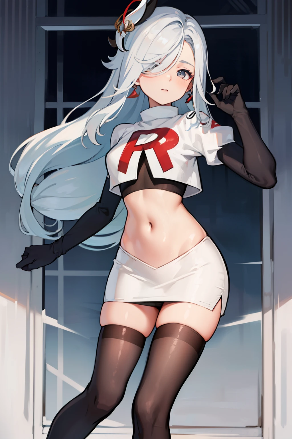 masterpiece, best quality, shenhe \(genshin impact\),hair over one eye, grey eyes, long hair, 1girl, solo, earrings, hair ornament, team rocket,team rocket uniform, red letter R, white skirt,white crop top,black thigh-highs,black elbow gloves