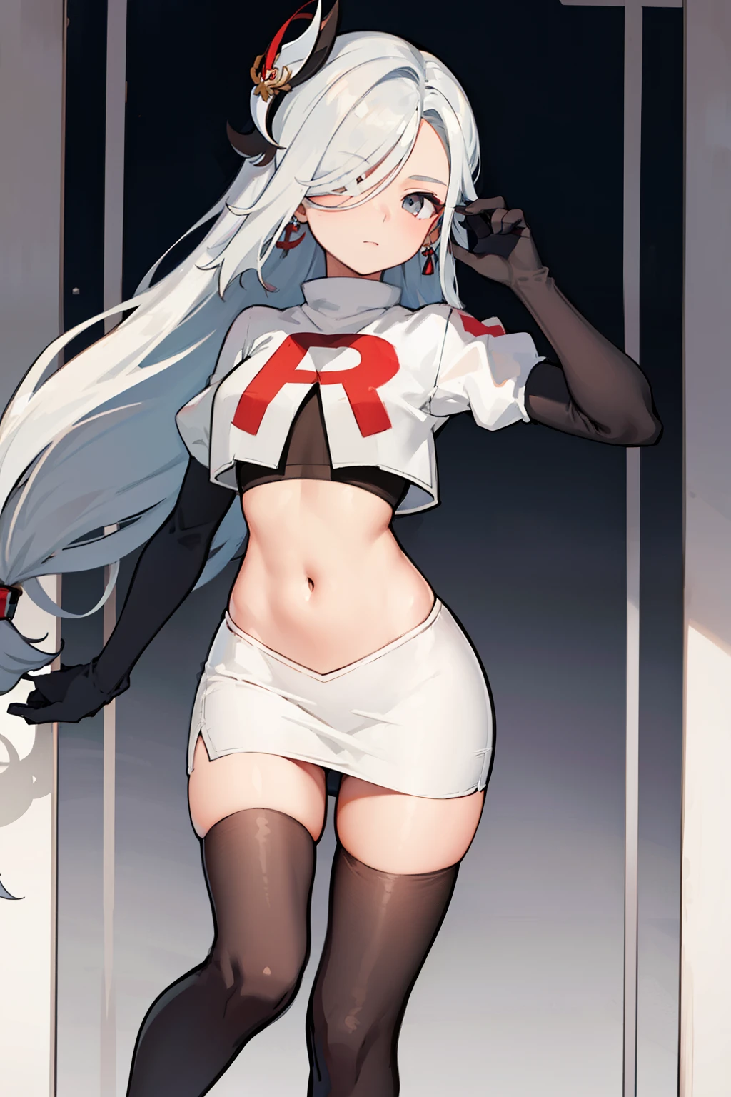 masterpiece, best quality, shenhe \(genshin impact\),hair over one eye, grey eyes, long hair, 1girl, solo, earrings, hair ornament, team rocket,team rocket uniform, red letter R, white skirt,white crop top,black thigh-highs,black elbow gloves