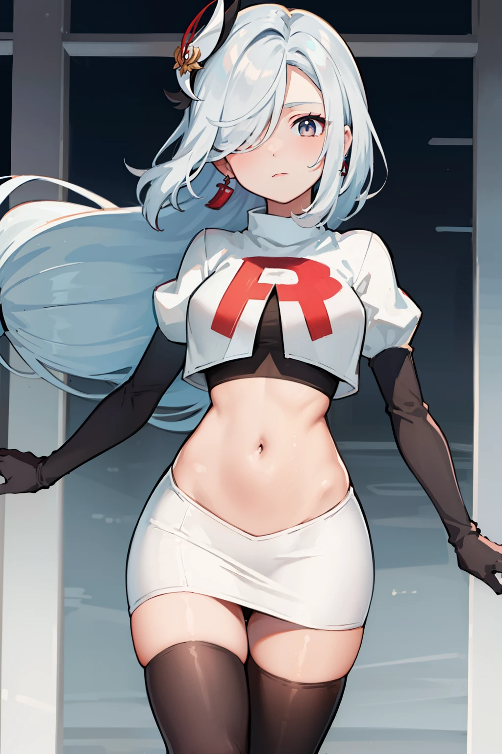 masterpiece, best quality, shenhe \(genshin impact\),hair over one eye, grey eyes, long hair, 1girl, solo, earrings, hair ornament, team rocket,team rocket uniform, red letter R, white skirt,white crop top,black thigh-highs,black elbow gloves