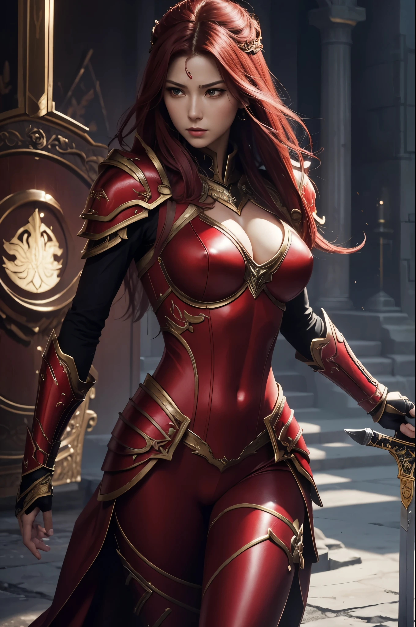 8k,Close-up of a goddess with a sacred sword, Gorgeous big chest chest armor, Sexy超美人(like the real thing)goddess of war,slender body,muscular woman,sharp look,He has a large and luxurious holy sword.,beautiful long red hair,strongly cracked abdominal muscles,Sexy,highly detailed art germ, Alexandra Fomina Art Station, 2. 5d cgi anime fantasy artwork, lady in red armor, armor girl, fan art best art station, great character art, Kushart Krenz Key Art Feminine, Chengwei Pan at Art Station,Super high resolution,Luxury Red Large Mist Chest Armor,luxury red combat pants,gorgeous red gauntlet,luxury red shoulder armor,luxurious red waist armor,fantasy art,strongly cracked abdominal muscles,muscular thin legs,very big breasts,fighting pose,Dynamic pose holding a sword,shout,anger,anger,