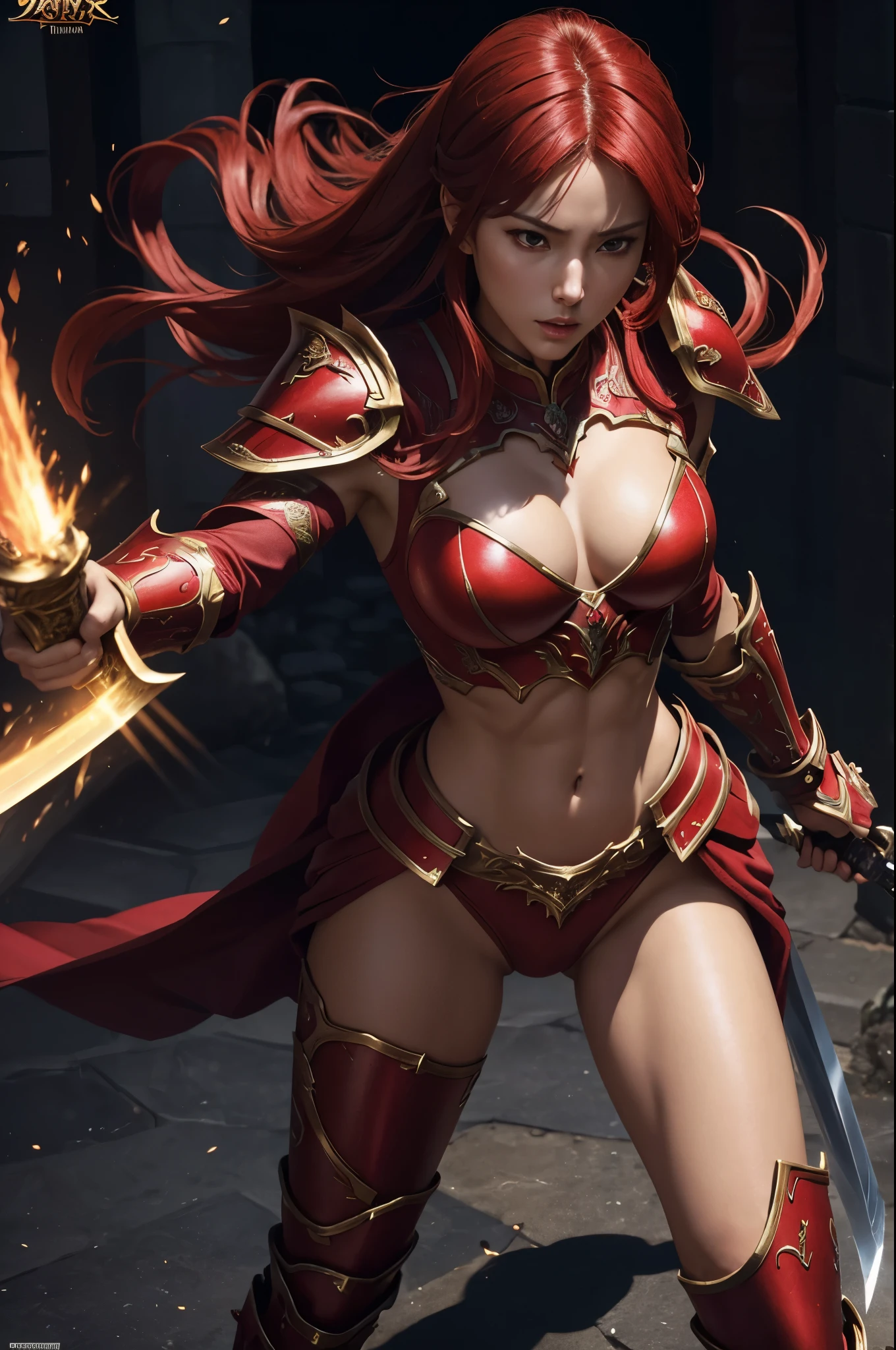 8k,Close-up of a goddess with a sacred sword, Gorgeous big chest chest armor, Sexy超美人(like the real thing)goddess of war,slender body,muscular woman,sharp look,He has a large and luxurious holy sword.,beautiful long red hair,strongly cracked abdominal muscles,Sexy,highly detailed art germ, Alexandra Fomina Art Station, 2. 5d cgi anime fantasy artwork, lady in red armor, armor girl, fan art best art station, great character art, Kushart Krenz Key Art Feminine, Chengwei Pan at Art Station,Super high resolution,Luxury Red Large Mist Chest Armor,luxury red combat pants,gorgeous red gauntlet,luxury red shoulder armor,luxurious red waist armor,fantasy art,strongly cracked abdominal muscles,muscular thin legs,very big breasts,fighting pose,Dynamic pose holding a sword,shout,anger,anger,