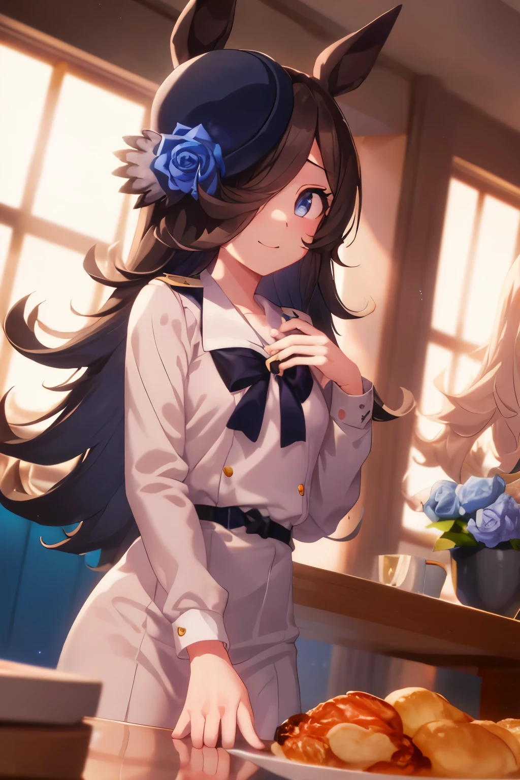 (table top.highest quality).(dynamic angle). (CG painting with very impressive details),(perfect image)、comic strip.shape.1 girl.detailed face、perfect face.delicate face、girl wearing a delicate uniform、rough skin、black hair.length、(Umamimi Girl)Umamimi Girl、((beautiful blue eyes)).delicate and beautiful eyes、fine eyes、reflected eyes、smile.(look at the audience:1.3).(face is a little red:0.8)、8k wallpaper、cowboy shot、reflected light、most detailed、Complex、delicate indoor background、rough skin、fine skin、(super resolution)、wearing a uniform