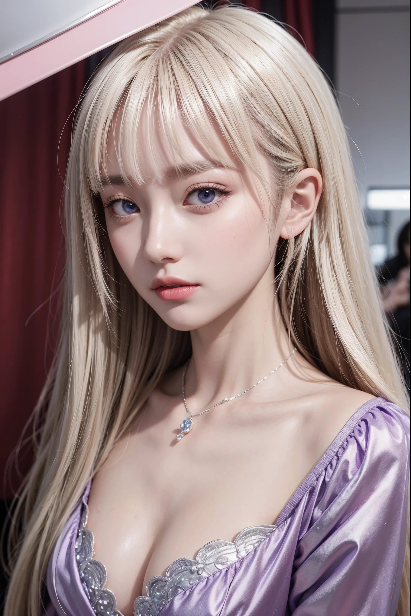 top-quality、超A high resolution、a picture、Photos of the cutest girls in the world、Detailed cute and beautiful face、(pureerosface_v1:0.008)、alice in the wonderland、、White shiny skin、Shiny face、Bangs that go down to the eyes and nose、Platinum Blonde Super Long Straight Silky Hair、finer hair、Attractive beautiful vivid big purple eyes, a red dress、