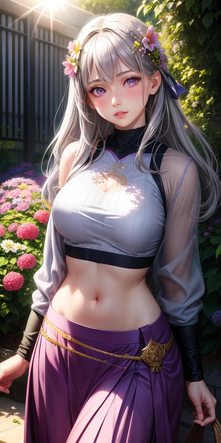 realistic, 1 girl, gray hair, purple eyes, shining eyes, crop top, skirt, parted lips, blush, night, flowers, sun, sunlight,