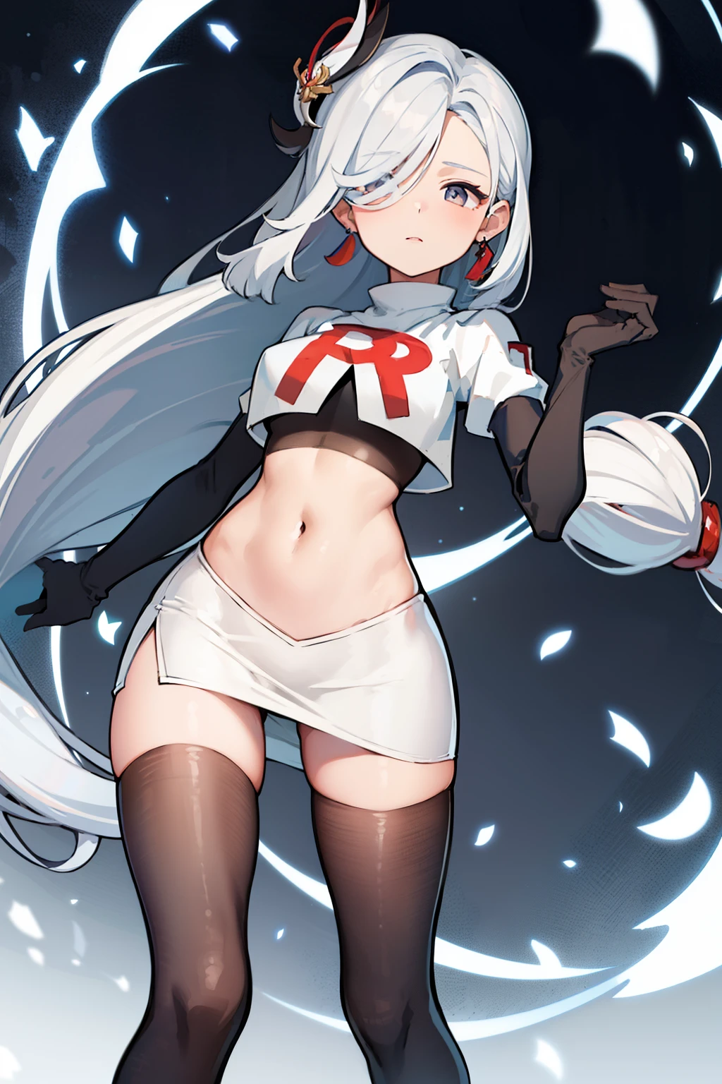 masterpiece, best quality, shenhe \(genshin impact\),hair over one eye, grey eyes, long hair, 1girl, solo, earrings, hair ornament, team rocket,team rocket uniform, red letter R, white skirt,white crop top,black thigh-highs,black elbow gloves