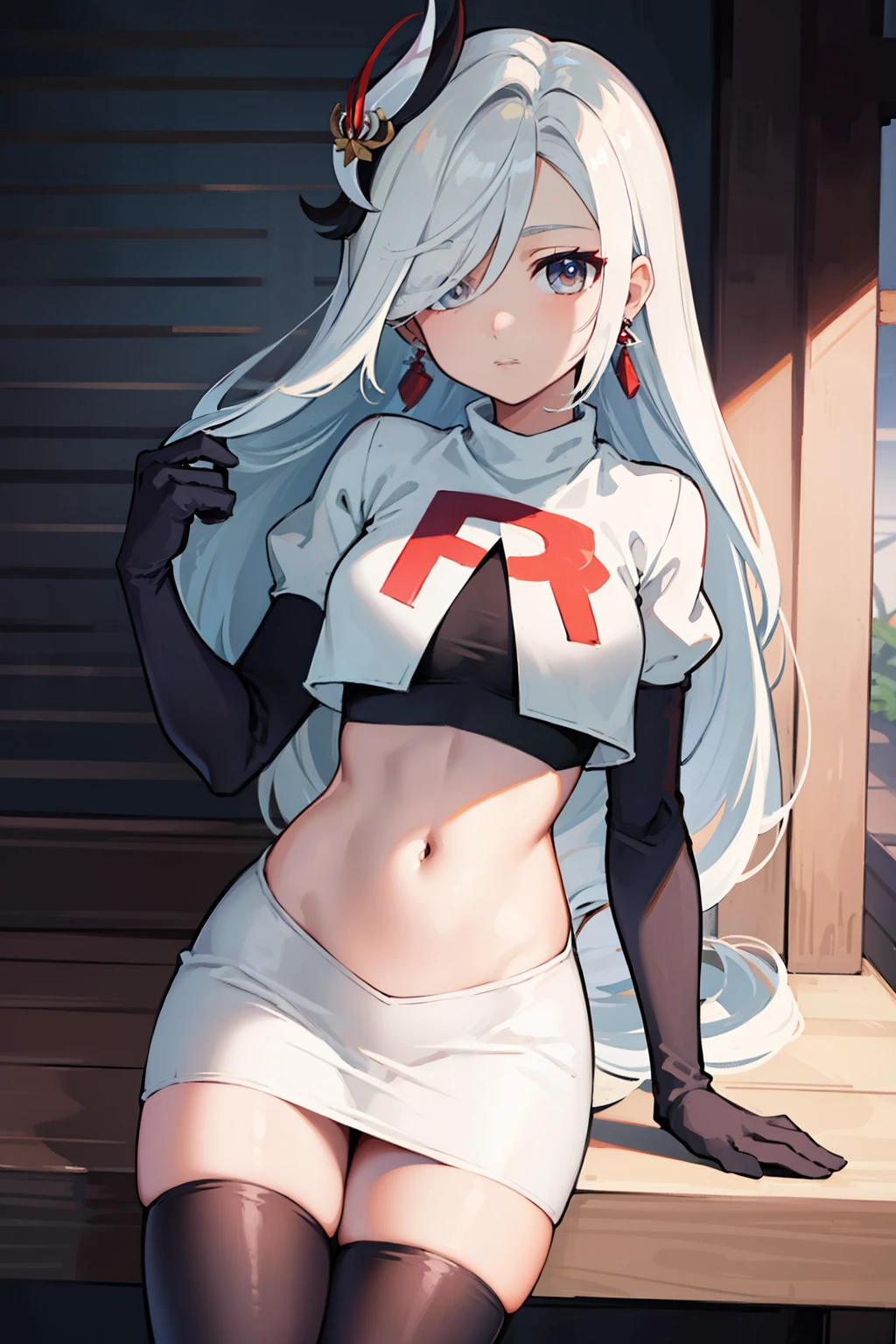 masterpiece, best quality, shenhe \(genshin impact\),hair over one eye, grey eyes, long hair, 1girl, solo, earrings, hair ornament, team rocket,team rocket uniform, red letter R, white skirt,white crop top,black thigh-highs,black elbow gloves