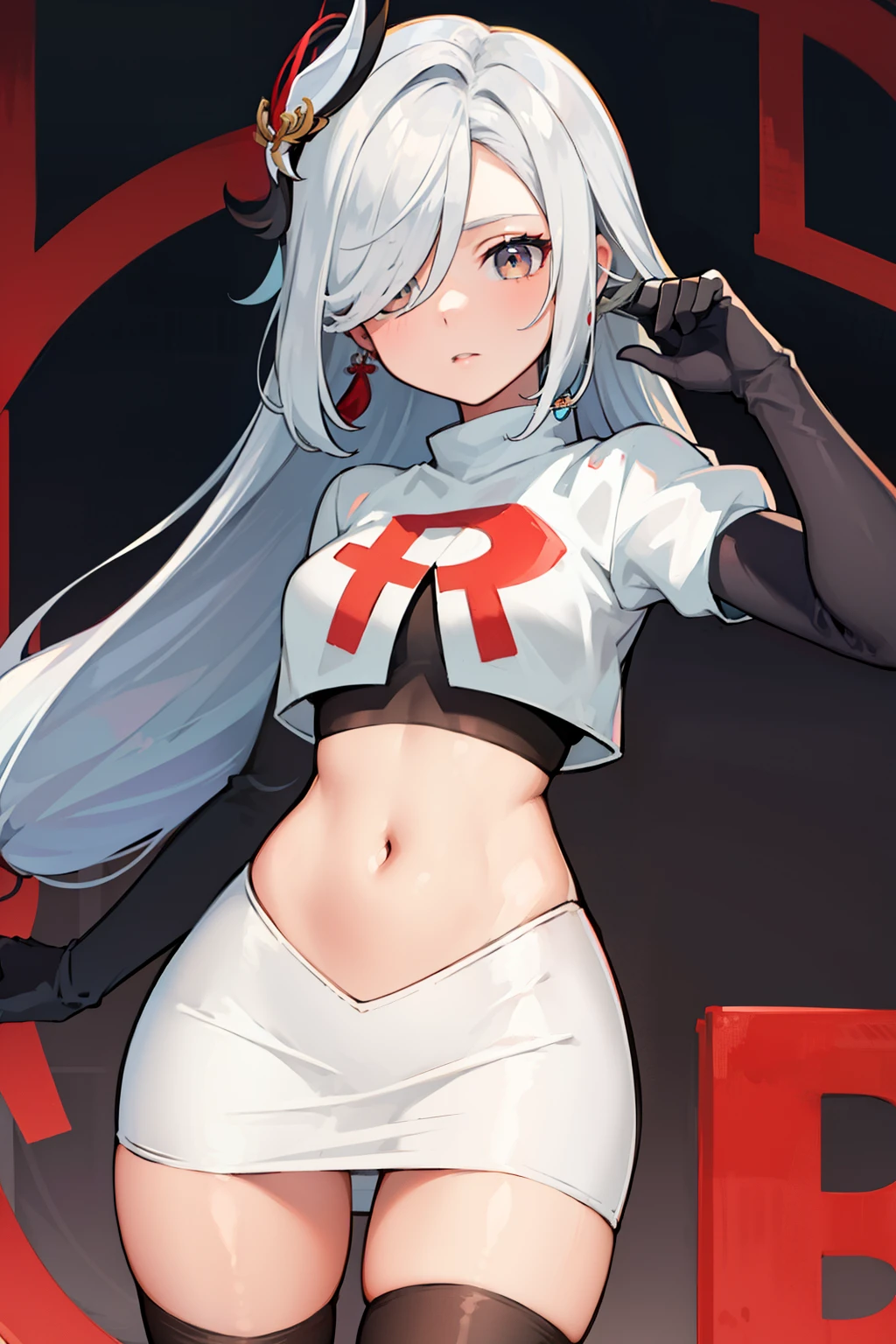 masterpiece, best quality, shenhe \(genshin impact\),hair over one eye, grey eyes, long hair, 1girl, solo, earrings, hair ornament, team rocket,team rocket uniform, red letter R, white skirt,white crop top,black thigh-highs,black elbow gloves